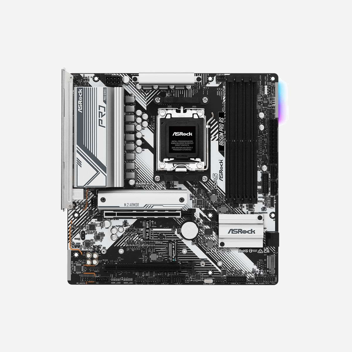 Asrock B650M Pro RS : Carte mère micro ATX AMD B650, Socket AM5, DDR5, M.2, 2.5GbE, Realtek ALC897, USB 3.2 Gen1/Gen2, DisplayPort 1.4, HDMI - Asrock B650M Pro RS. Fabricant de processeur: AMD, Socket de processeur (réceptable de processeur): Emplacement AM5, Processeurs compatibles: AMD Ryzen™ 5, AMD Ryzen™ 7. Types de mémoire pris en charge: DDR5-SDRAM, Mémoire interne maximale: 128 Go, Type de support (slot): DIMM. Interfaces de lecteur de stockage prises en charge: M.2, SATA III. Type d'interface Ethernet: 2.5 Gigabit Ethernet, Contrôleur de réseau local (LAN): Dragon RTL8125BG. composant pour: PC, Elément de forme de carte mère: micro ATX, famille de composant de produits: AMD