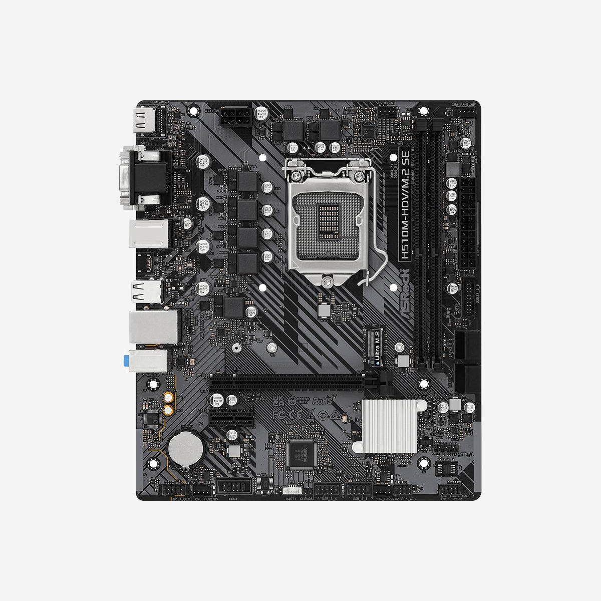 Asrock H510M-HDV/M.2 SE : Carte mère micro ATX Intel H470, Socket LGA 1200, DDR4 64GB max, M.2 PCIe 3.0, SATA III, Gigabit Ethernet - Asrock H510M-HDV/M.2 SE. Fabricant de processeur: Intel, Socket de processeur (réceptable de processeur): LGA 1200 (Socket H5). Types de mémoire pris en charge: DDR4-SDRAM, Mémoire interne maximale: 64 Go, Type de support (slot): DIMM. Interfaces de lecteur de stockage prises en charge: PCI Express 3.0, SATA III, Types de lecteurs de stockage pris en charge: HDD & SSD, Niveaux RAID: 0, 1, 5, 10. Version HDMI: 1.4/2.0, Connecteur USB: USB Type-A. Type d'interface Ethernet: Gigabit Ethernet, Contrôleur de réseau local (LAN): Realtek 8111H