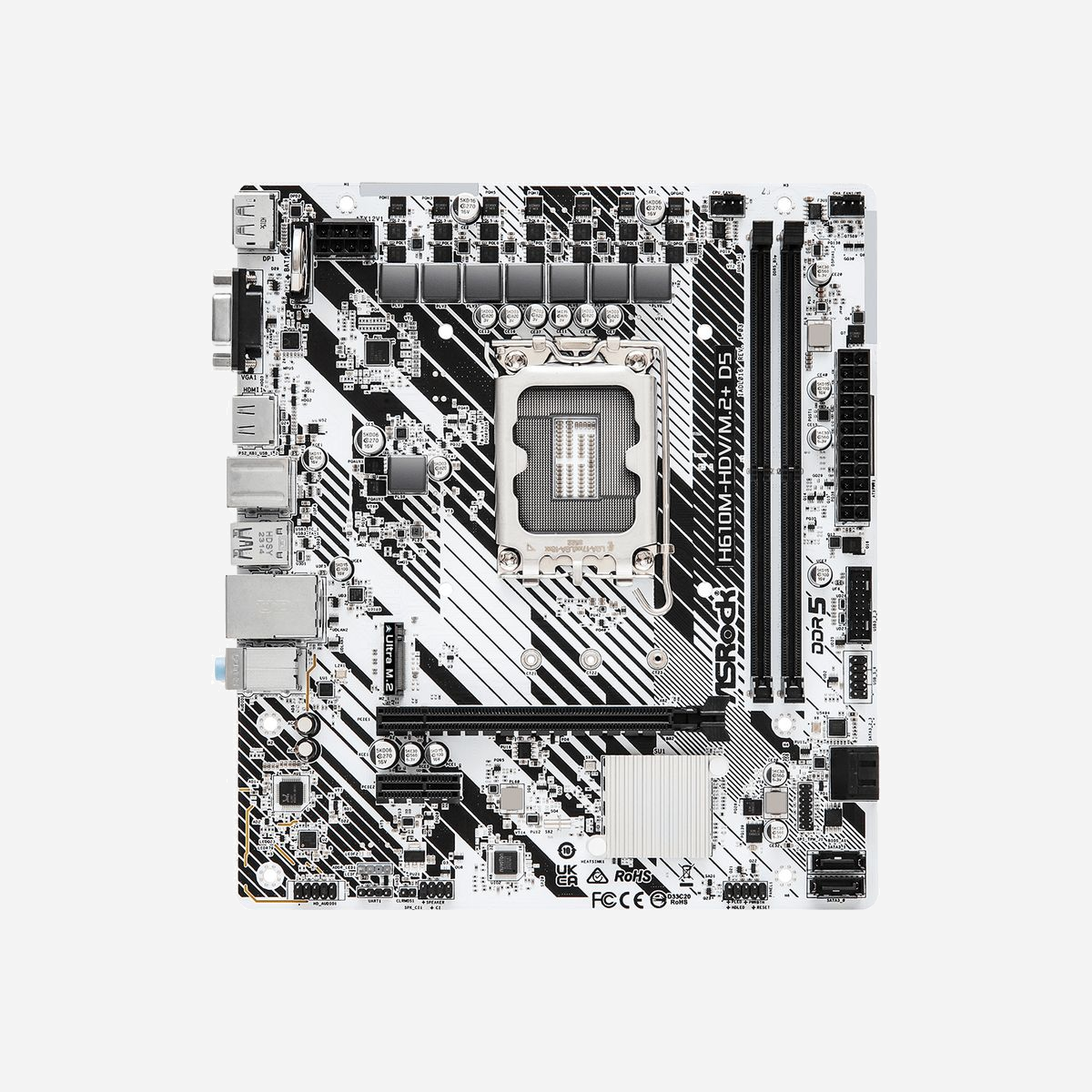 Carte Mère Asrock H610M-HDV/M.2+ D5 micro ATX Intel H610 Socket LGA 1700, 2x DDR5 DIMM jusqu'à 96GB, SATA III, Gigabit Ethernet, Realtek ALC897 - Asrock H610M-HDV/M.2+ D5. Fabricant de processeur: Intel, Socket de processeur (réceptable de processeur): LGA 1700. Types de mémoire pris en charge: DDR5-SDRAM, Mémoire interne maximale: 96 Go, Type de support (slot): DIMM. Interfaces de lecteur de stockage prises en charge: SATA III. Type d'interface Ethernet: Gigabit Ethernet, Contrôleur de réseau local (LAN): Realtek RTL8111H. composant pour: PC, Elément de forme de carte mère: micro ATX, famille de composant de produits: Intel