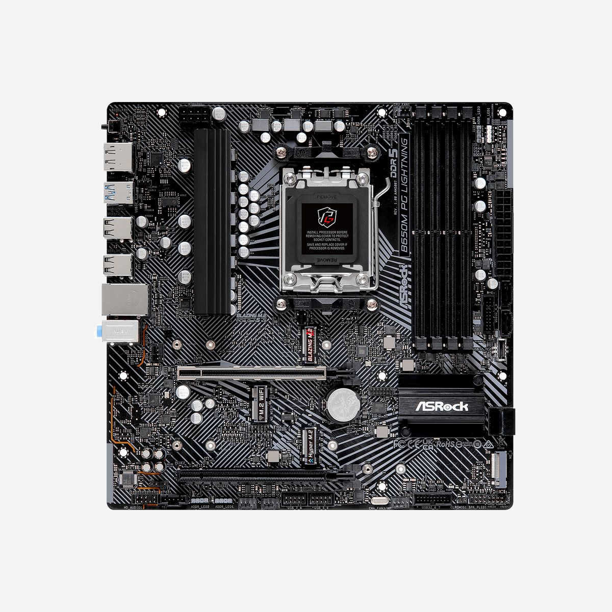 Asrock B650M PG Lightning : Carte mère micro ATX AMD B650 Socket AM5, DDR5, M.2 PCIe 4.0/5.0, SATA III, RAID 0/1/10, USB 3.2 Gen 1/Gen 2, 2.5GbE - Asrock B650M PG Lightning. Fabricant de processeur: AMD, Socket de processeur (réceptable de processeur): Emplacement AM5, Processeurs compatibles: AMD Ryzen 7000 Series. Types de mémoire pris en charge: DDR5-SDRAM, Mémoire interne maximale: 192 Go, Type de support (slot): DIMM. Interfaces de lecteur de stockage prises en charge: M.2, PCI Express 4.0, PCI Express 5.0, SATA III, Types de lecteurs de stockage pris en charge: HDD & SSD, Niveaux RAID: 0, 1, 10. Technologie de Traitement en parallèle: CrossFire, Résolution maximale: 3840 x 2160 pixels. Connecteur USB: USB Type-A, USB Type-C