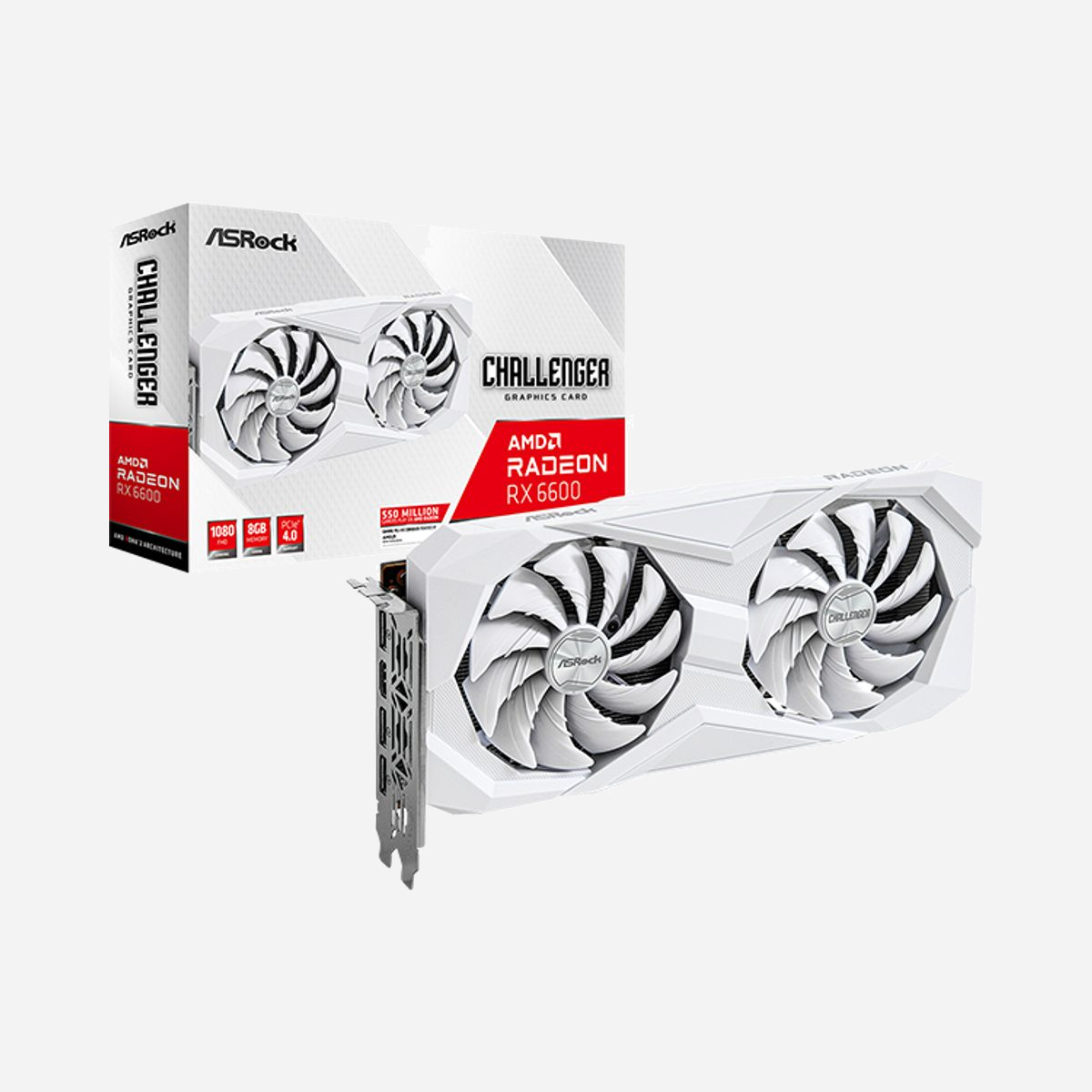 Asrock Challenger AMD Radeon RX 6600 8GB GDDR6, 1626MHz, Boost 2491MHz, PCIe 4.0, DisplayPort 1.4, HDMI 2.1, 2 ventilateurs - Asrock Challenger AMD Radeon RX 6600. Processeur graphique famille: AMD, Processeur graphique: Radeon RX 6600, Fréquence du processeur: 1626 MHz. Mémoire carte graphique distincte: 8 Go, Type de mémoire de l'adaptateur graphique: GDDR6, Mémoire Bus: 128 bit. Résolution maximale: 7680 x 4320 pixels. Version DirectX: 12 Ultimate, Version OpenGL: 4.6. Type d'interface: PCI Express 4.0. Type de refroidissement: Actif, Nombre de ventilateurs: 2 ventilateur(s)