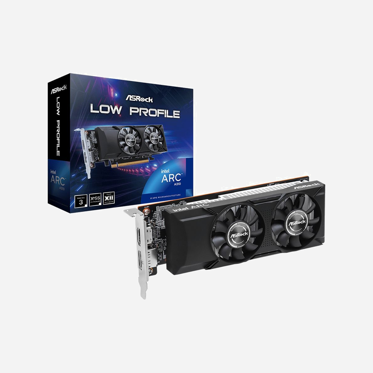 Asrock Intel Arc A310 Low Profile 4GB GDDR6, GPU 2000MHz, PCIe 4.0 x8, HDMI 2.0b, DisplayPort 2.0, Refroidissement actif 2 ventilateurs - Asrock Intel Arc A310 Low Profile 4GB. Processeur graphique famille: Intel, Processeur graphique: Arc A310, Fréquence du processeur: 2000 MHz. Mémoire carte graphique distincte: 4 Go, Type de mémoire de l'adaptateur graphique: GDDR6, Mémoire Bus: 64 bit. Résolution maximale: 7680 x 4320 pixels. Version DirectX: 12 Ultimate, Version OpenGL: 4.6. Type d'interface: PCI Express x8 4.0. Type de refroidissement: Actif, Nombre de ventilateurs: 2 ventilateur(s)