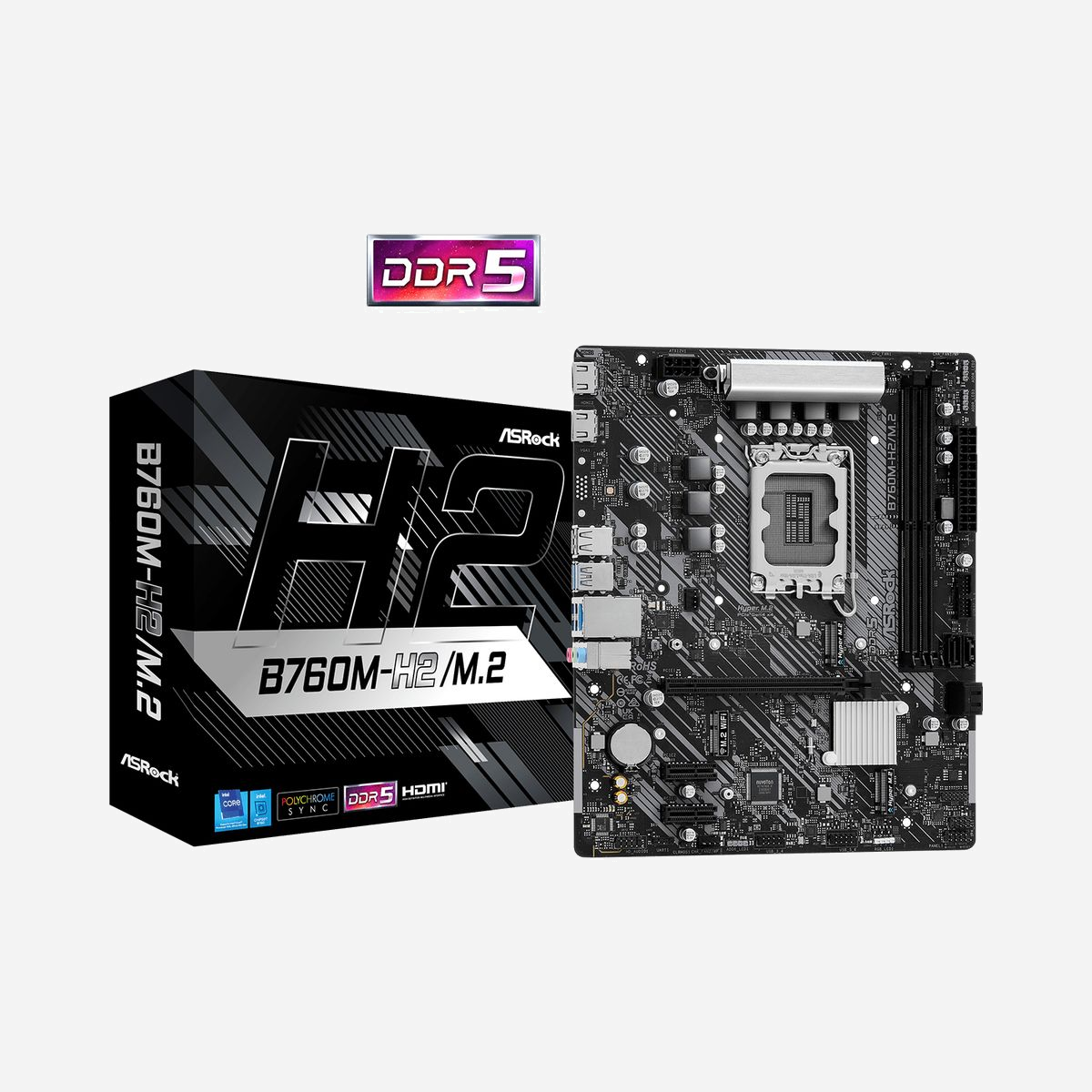 Asrock B760M-H2/M.2 : Carte mère micro ATX Intel B760, Socket LGA 1700, DDR5 128Go max, 2.5GbE, M.2, SATA III, RAID 0/1/5/10, Windows 10/11 - Asrock B760M-H2/M.2. Fabricant de processeur: Intel, Socket de processeur (réceptable de processeur): LGA 1700, Processeurs compatibles: Intel® Core™ i3, Intel® Core™ i5, Intel® Core™ i7, Intel® Core™ i9. Types de mémoire pris en charge: DDR5-SDRAM, Mémoire interne maximale: 128 Go, Type de support (slot): DIMM. Interfaces de lecteur de stockage prises en charge: M.2, SATA III, Niveaux RAID: 0, 1, 5, 10. Type d'interface Ethernet: 2.5 Gigabit Ethernet. composant pour: PC, Elément de forme de carte mère: micro ATX, famille de composant de produits: Intel