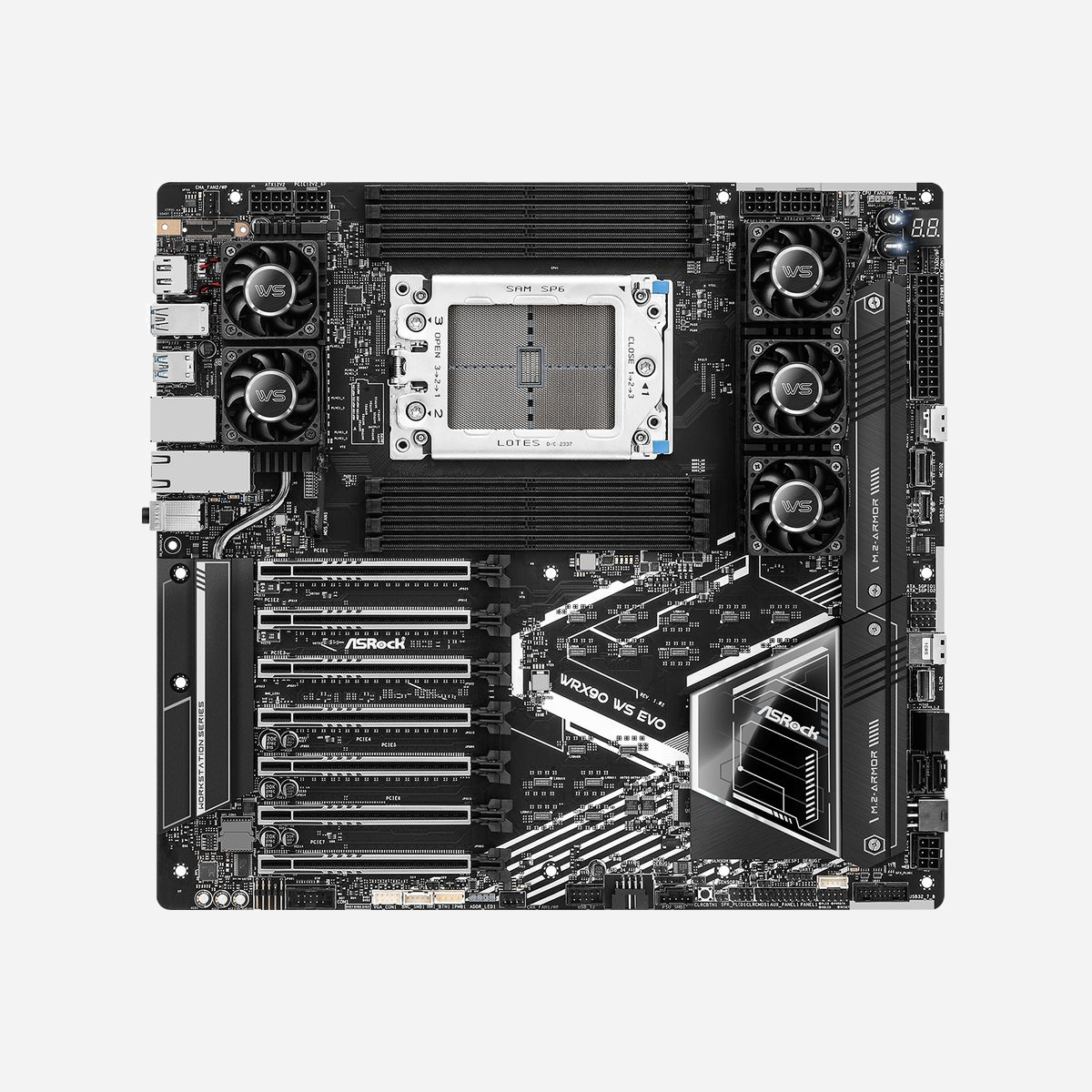 Asrock WRX90 WS EVO : Carte mère AMD WRX90 Socket sTR5, DDR5 ECC 2To max, RAID 0/1/10, Multiples ports USB 3.2 Gen 1/Gen 2/USB4, Double LAN 10 Gigabit Ethernet Intel X710-AT2. - Asrock WRX90 WS EVO. Fabricant de processeur: AMD, Socket de processeur (réceptable de processeur): Socket sTR5, Processeurs compatibles: AMD Ryzen Threadripper 1000 Series. Types de mémoire pris en charge: DDR5-SDRAM, Mémoire interne maximale: 2 To, Type de support (slot): DIMM. Interfaces de lecteur de stockage prises en charge: M.2, SATA III, Niveaux RAID: 0, 1, 10. Version de DisplayPort: 1.1a. Type d'interface Ethernet: 10 Gigabit Ethernet, Contrôleur de réseau local (LAN): Intel X710-AT2
