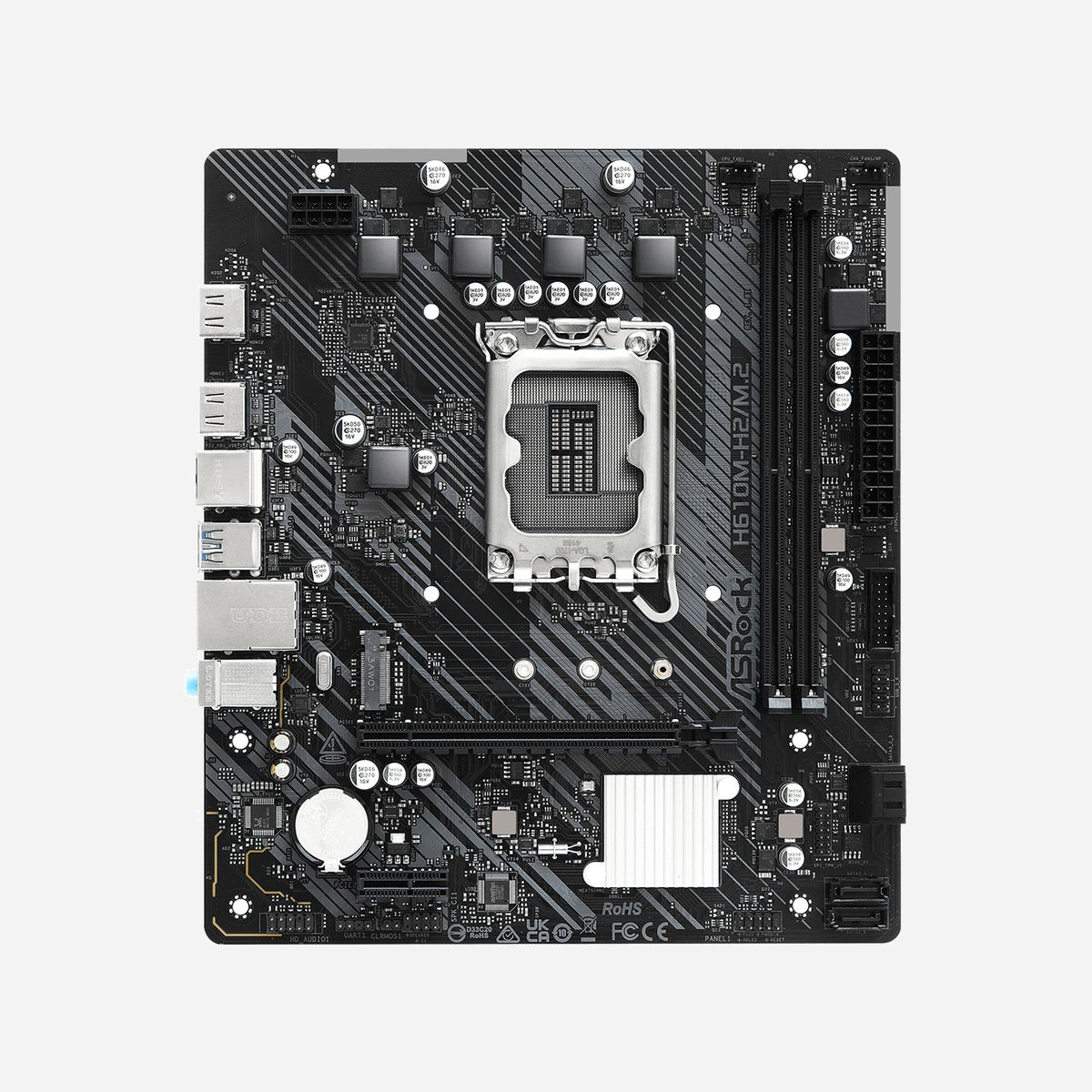 Asrock H610M-H2/M.2 : Carte mère micro ATX Intel H610 LGA 1700, 2x DDR4 3200MHz (max 64Go), M.2, SATA III, Realtek LAN, USB 3.2 Gen 1, Windows 10/11 - Asrock H610M-H2/M.2. Fabricant de processeur: Intel, Socket de processeur (réceptable de processeur): LGA 1700, Processeurs compatibles: Intel Core i3 12th Gen, Intel Core i3 13th Gen, Intel Core i3 14th Gen, Intel Core i5 12th Gen,.... Types de mémoire pris en charge: DDR4-SDRAM, Mémoire interne maximale: 64 Go, Type de support (slot): DIMM. Interfaces de lecteur de stockage prises en charge: M.2, SATA III, Types de lecteurs de stockage pris en charge: HDD & SSD. Type d'interface Ethernet: Fast Ethernet, Gigabit Ethernet, Contrôleur de réseau local (LAN): Realtek RTL8111H. composant pour: PC, Elément de forme de carte mère: micro ATX, famille de composant de produits: Intel