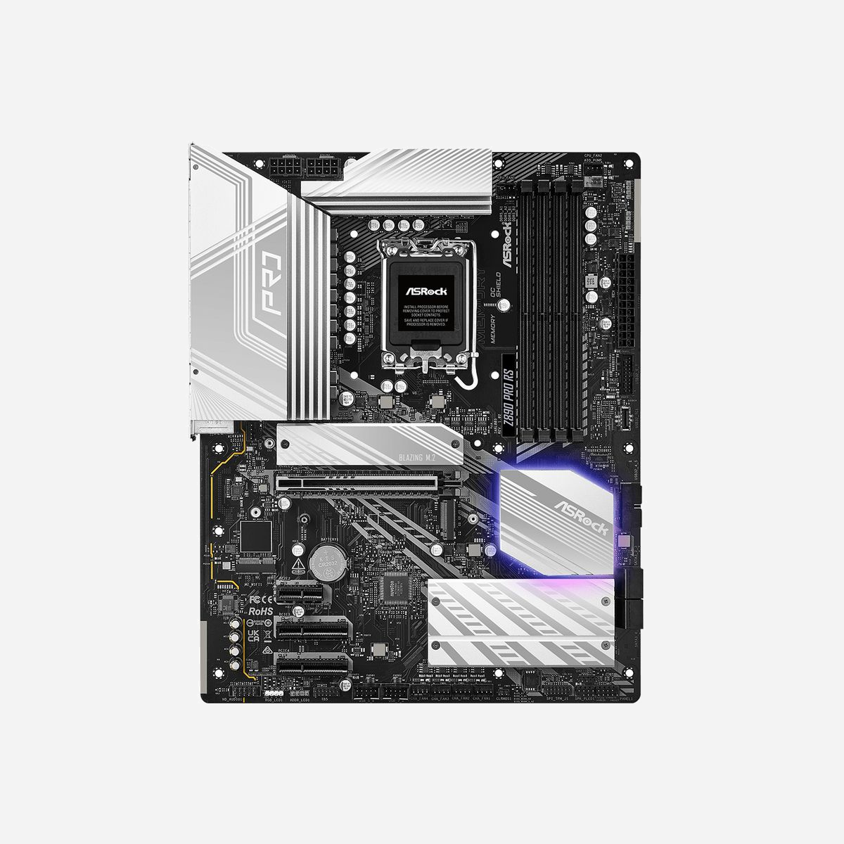 Asrock Z890 Pro RS : Carte mère Intel Z890 Socket LGA 1851, DDR5, 256GB max, M.2/SATA III, 2.5GbE, ATX, compatible Windows 11 - Asrock Z890 Pro RS. Fabricant de processeur: Intel, Socket de processeur (réceptable de processeur): LGA 1851 (Socket V1), Processeurs compatibles: Intel Core Ultra (Series 2). Types de mémoire pris en charge: DDR5-SDRAM, Mémoire interne maximale: 256 Go, Type de support (slot): DIMM. Interfaces de lecteur de stockage prises en charge: M.2, SATA III, Types de lecteurs de stockage pris en charge: HDD & SSD, Niveaux RAID: 0, 1, 5, 10. Type d'interface Ethernet: 2.5 Gigabit Ethernet, Contrôleur de réseau local (LAN): Dragon RTL8125BG. composant pour: PC, Elément de forme de carte mère: ATX, famille de composant de produits: Intel