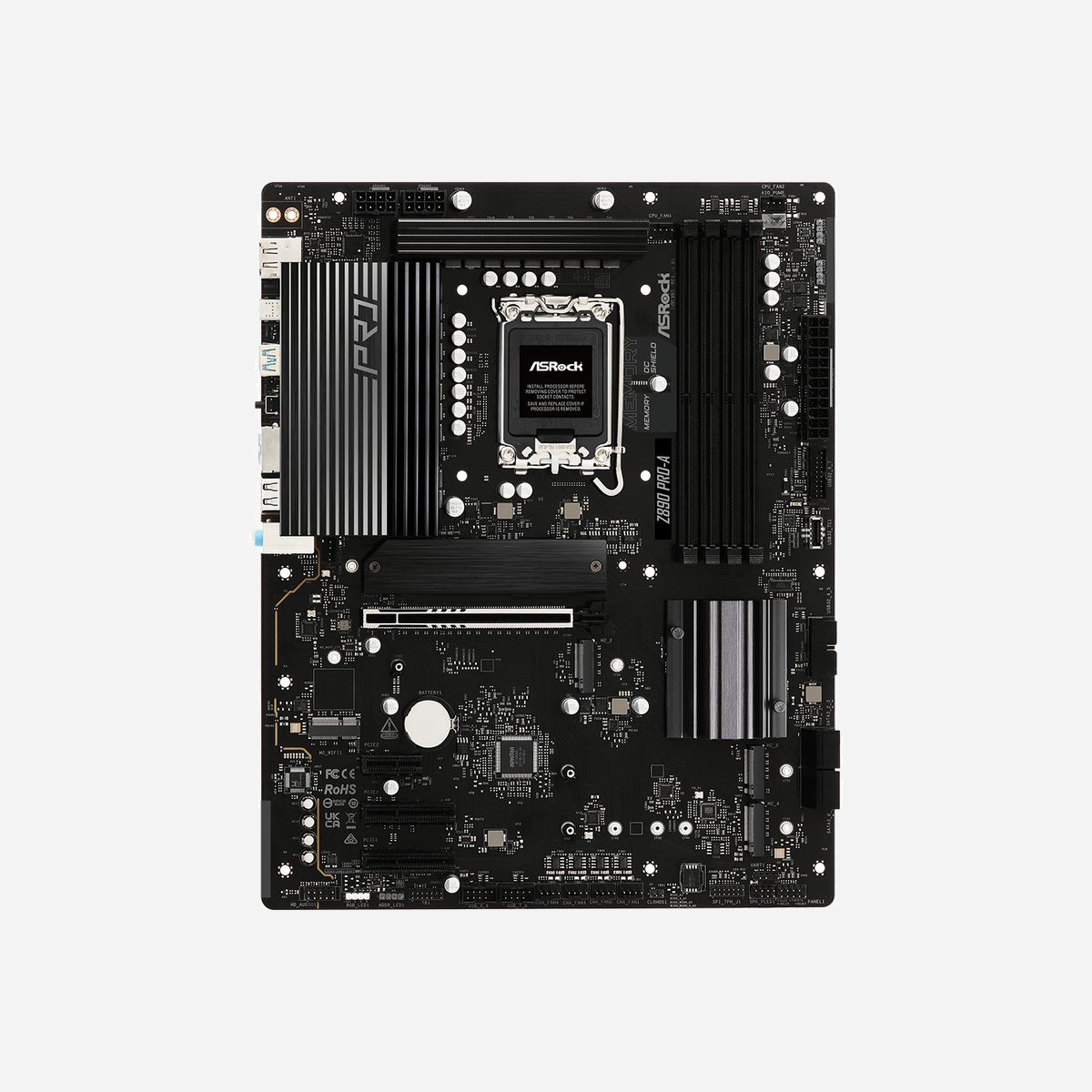 Asrock Z890 Pro-A : Carte mère ATX Intel Z890, Socket LGA 1851, DDR5 256GB (max), M.2, SATA III, 2.5GbE, USB 3.2 Gen2x2, PCIe 5.0, Realtek ALC897 - Asrock Z890 Pro-A. Fabricant de processeur: Intel, Socket de processeur (réceptable de processeur): LGA 1851 (Socket V1), Processeurs compatibles: Intel Core Ultra (Series 2). Types de mémoire pris en charge: DDR5-SDRAM, Mémoire interne maximale: 256 Go, Type de support (slot): DIMM. Interfaces de lecteur de stockage prises en charge: M.2, SATA III, Types de lecteurs de stockage pris en charge: HDD & SSD, Niveaux RAID: 0, 1, 5, 10. Type d'interface Ethernet: 2.5 Gigabit Ethernet, Contrôleur de réseau local (LAN): Dragon RTL8125BG. composant pour: PC, Elément de forme de carte mère: ATX, famille de composant de produits: Intel