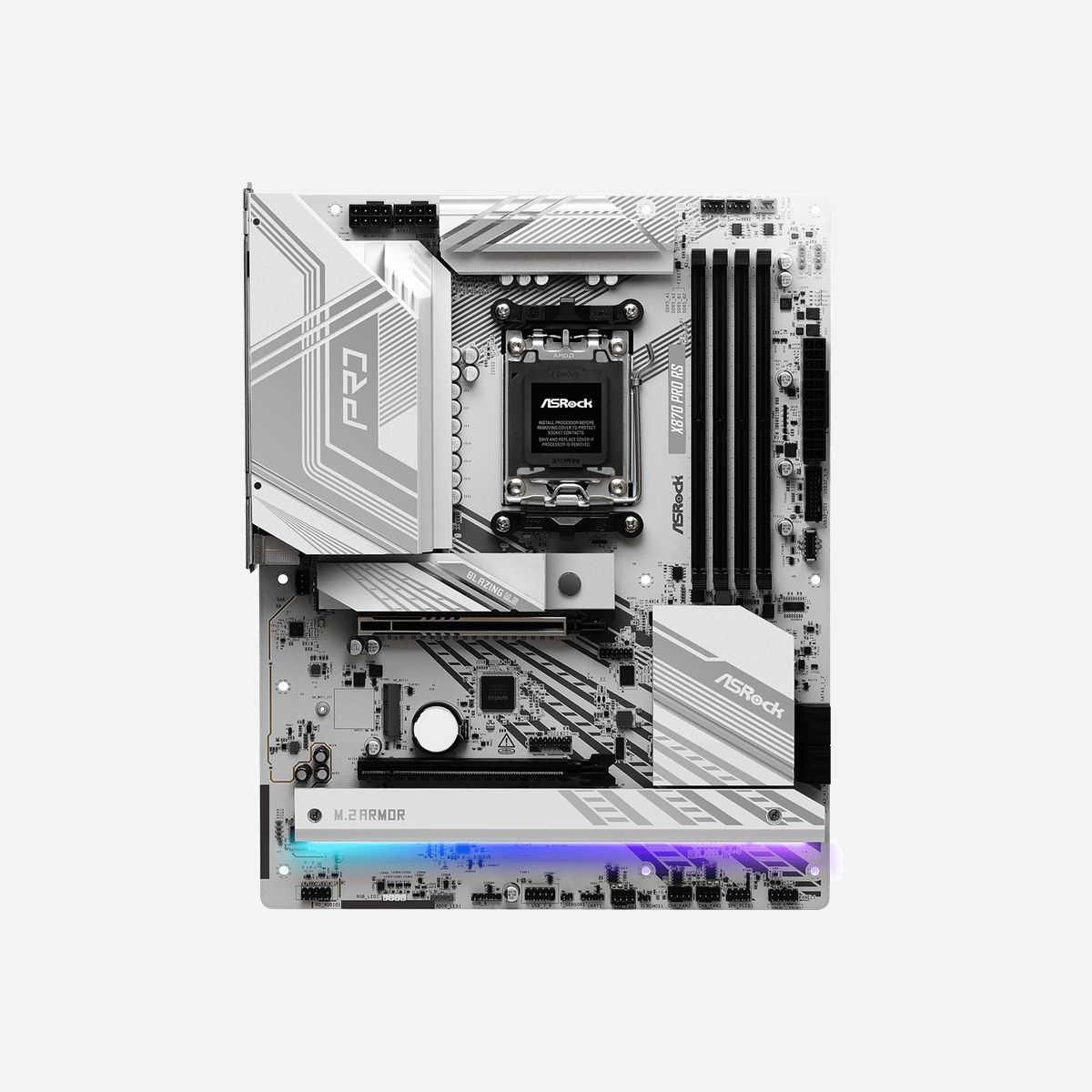 Asrock X870 PRO RS - Carte mère ATX AMD X870 Socket AM5, DDR5 jusqu'à 8000MHz, 3x M.2 PCIe 5.0/4.0/3.0, 2.5GbE LAN, USB4, Realtek ALC1220 - Asrock X870 PRO RS. Fabricant de processeur: AMD, Socket de processeur (réceptable de processeur): Emplacement AM5, Processeurs compatibles: AMD Ryzen 7000 Series, AMD Ryzen 8000 Series, AMD Ryzen 9000 Series. Types de mémoire pris en charge: DDR5-SDRAM, Mémoire interne maximale: 256 Go, Type de support (slot): DIMM. Interfaces de lecteur de stockage prises en charge: PCI Express 3.0, PCI Express 4.0, PCI Express 5.0, SATA III, Types de lecteurs de stockage pris en charge: HDD & SSD, Niveaux RAID: 0, 1, 10. Technologie de Traitement en parallèle: CrossFire, Résolution maximale: 7680 x 4320 pixels. Type d'interface Ethernet: 2.5 Gigabit Ethernet, Contrôleur de réseau local (LAN): Dragon RTL8125BG