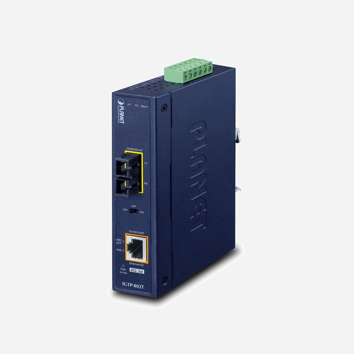 PLANET IGTP-802T Convertisseur de média Industriel 10/100/1000BA, SC, 1 port RJ-45, PoE, IP30, -40°C à 75°C, distance 550m - PLANET IP30 Industrial 10/100/1000BA. Débit de transfert des données maximum: 1000 Mbit/s. Distance de transfert maximale: 550 m, pouvoir Tx (min): -10 dBmW, pouvoir Tx (max): -3 dBmW. Couleur du produit: Bleu, Matériau du boîtier/corps: Métal, Code (IP) Internationale Protection: IP30. Connecteur de fibre optique: SC. Largeur: 135 mm, Profondeur: 87 mm, Hauteur: 32 mm