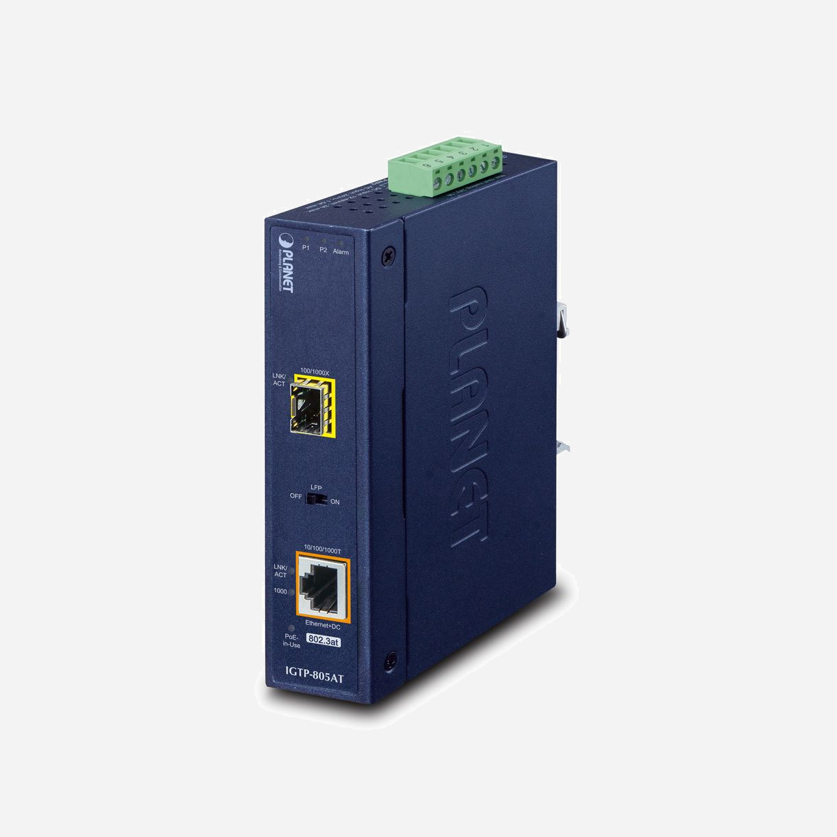PLANET IGTP-805AT Convertisseur Media Gigabit Ethernet SFP 1000BASE-LX/SX 1310nm, PoE 30W, IEEE 802.3af/at, IP30, -40°C à 75°C - PLANET IGTP-805AT. Débit de transfert des données maximum: 2000 Mbit/s, Standards réseau: IEEE 802.3, IEEE 802.3ab, IEEE 802.3af, IEEE 802.3at, IEEE 802.3az, IEEE 802.3u, IEEE 802.3x, IEEE..., Type d'interface Ethernet: Gigabit Ethernet. Longueur d'onde: 1310 nm. Couleur du produit: Bleu, Matériau du boîtier/corps: Métal, Code (IP) Internationale Protection: IP30. Connecteur de fibre optique: SFP, Technologie de connectivité: Avec fil. Tension d'entrée: 48 V, Budget Total Power over Ethernet (PoE): 30 W