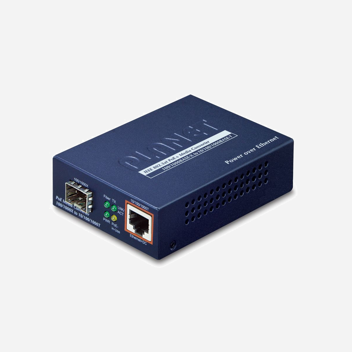 PLANET GTP-805A Convertisseur de média Gigabit Ethernet 1000Base-T vers 1000Base-X, Port SFP, PoE 30W, Boîtier Métal, Standards IEEE 802.3af/at/ab/u/x/z - PLANET GTP-805A. Débit de transfert des données maximum: 1000 Mbit/s, Convertisseur d'interface d'entrée: 1000Base-T, Interface de sortie du convertisseur: 1000Base-X. Couleur du produit: Bleu, Matériau du boîtier/corps: Métal. Connecteur de fibre optique: SFP, Technologie de connectivité: Avec fil. Budget Total Power over Ethernet (PoE): 30 W. Largeur: 96 mm, Profondeur: 26 mm, Hauteur: 70 mm