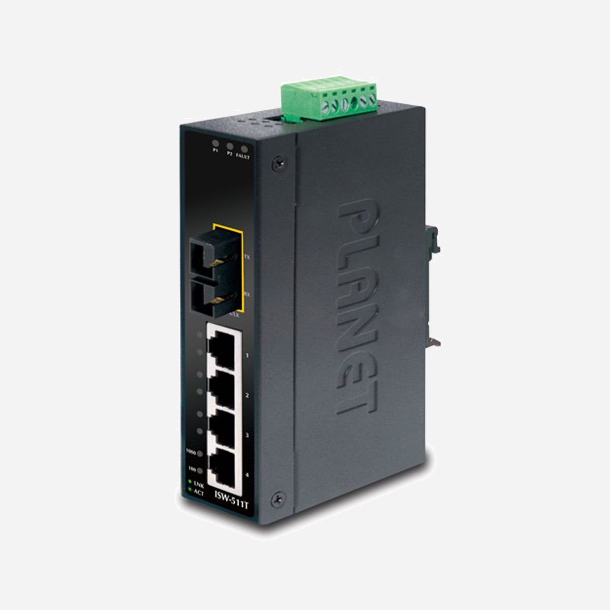 PLANET ISW-511T Commutateur Non-géré L2 Fast Ethernet 4x RJ45 10/100 + 1x Fibre Channel Multimode, Montage Mural/Rail DIN, IP30, -40°C~75°C - PLANET ISW-511T. Type de commutateur: Non-géré, Banc de commutateurs: L2. Type de port Ethernet RJ-45 de commutation de base: Fast Ethernet (10/100), Quantité de ports Ethernet RJ-45 de commutation de base: 4. Full duplex. Répertoire MAC: 2048 entrées, Capacité de commutation: 1 Gbit/s. Standards réseau: IEEE 802.3, IEEE 802.3u, IEEE 802.3x. Montage mural