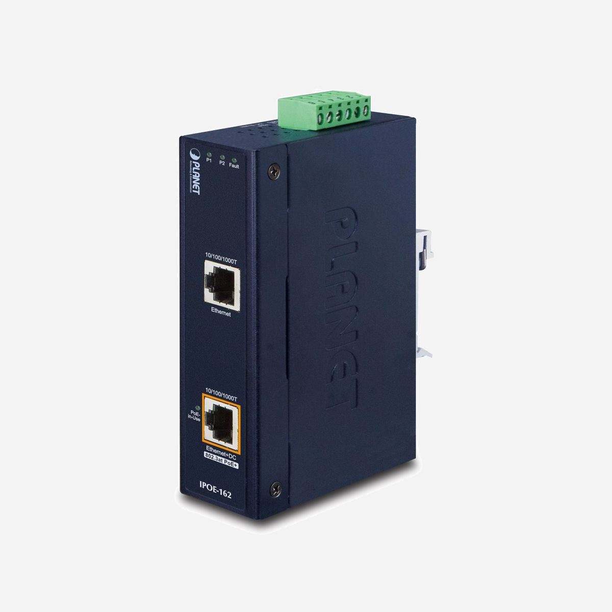 PLANET IPOE-162 Commutateur Gigabit Ethernet 2 ports RJ-45 PoE (1 port, 30W) IEEE 802.3af/at, 12-48V DC, IP30, -40°C à 75°C, montage mural/rail DIN - PLANET IPOE-162. Type de port Ethernet RJ-45 de commutation de base: Gigabit Ethernet (10/100/1000), Quantité de ports Ethernet RJ-45 de commutation de base: 2. Standards réseau: IEEE 802.3, IEEE 802.3ab, IEEE 802.3af, IEEE 802.3at, IEEE 802.3u. Voltage d'entrée DC: 12 - 48 V. Connexion Ethernet, supportant l'alimentation via ce port (PoE). Montage mural