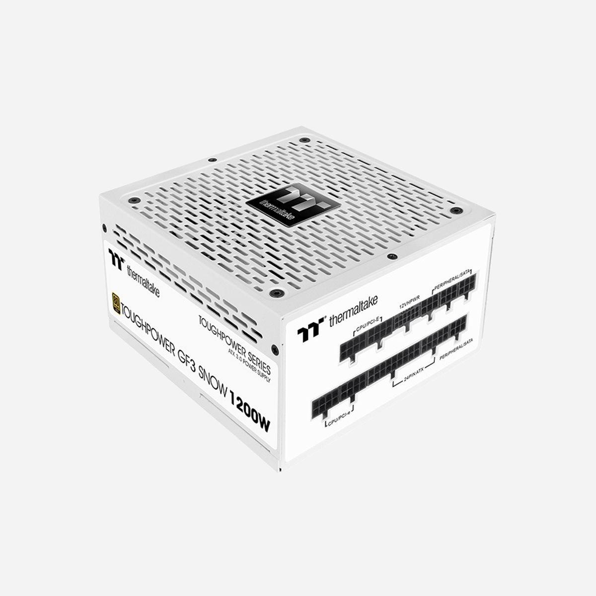 Thermaltake Toughpower GF3 Snow 1200W ATX 3.0, 80 PLUS Gold, Blanc, Entièrement Modulaire, Ventilateur 14cm, 1200W (+12V 100A), ATX 24-pin - Thermaltake Toughpower GF3 Snow 1200W - TT Premium Edition. Puissance totale: 1200 W, Puissance combinée (+3,3 V): 130 W, Puissance combinée (+12 V): 1200 W. Connecteur de la carte mère: 24-pin ATX, Longueur de câble d'alimentation de carte-mère: 60 cm, Longueur du câble d'alimentation SATA: 500,650,800,950 mm. Utilité: PC, Facteur de forme de l'unité d'alimentation: ATX, Certification 80 PLUS: 80 PLUS Gold. Couleur du produit: Blanc, Type de refroidissement: Actif, Diamètre du ventilateur: 14 cm. Certificats de conformité: BSMI, CB, CCC, CE, Federal Communications Commission (FCC), Directive basse tension (DBT), cTUVus,...