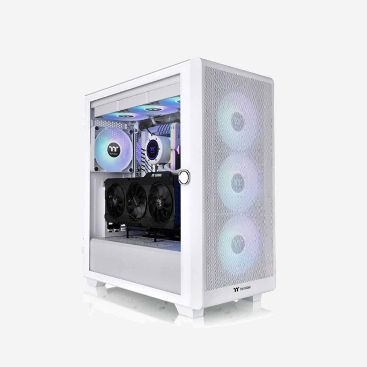 Thermaltake S250 TG Blanc : Boîtier PC Midi Tower ATX/EATX, 3x120mm avant, 1x120mm arrière, verre trempé, 2x2.5"/3.5", radiateurs 420/360/280mm - Thermaltake S250 TG. Format: Midi Tower, Type: PC, Couleur du produit: Blanc. Ventilateurs installés avant: 3x 120 mm, Prise en charge des diamètres des ventilateurs avants: 120 mm, Ventilateurs arrières installés: 1x 120 mm. Tailles de disques durs supportées: 2.5,3.5". Largeur: 218 mm, Profondeur: 462 mm, Hauteur: 490 mm