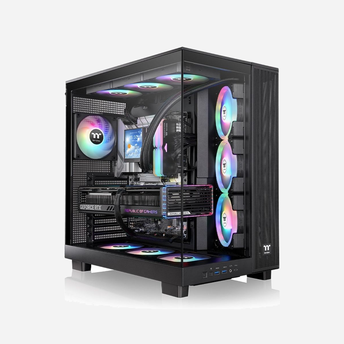 Thermaltake View 380 XL TG ARGB - Boîtier PC Midi Tower Noir, ATX/microATX/Mini-ITX, 1x3.5", 2x2.5", 4x120mm ARGB, USB 3.2 Gen 1/Gen 2 - Thermaltake View 380 XL TG ARGB. Format: Midi Tower, Type: PC, Couleur du produit: Noir. Facteurs de forme d'alimentation pris en charge: PS2. Ventilateurs latéraux installés: 3x 120 mm, Pris en charge des diamètres des ventilateurs latérals: 120 mm, Ventilateurs arrières installés: 1x 120 mm. Tailles de disques durs supportées: 3.5", Facteur de forme SSD: 2.5". Largeur: 288 mm, Profondeur: 469 mm, Hauteur: 471 mm