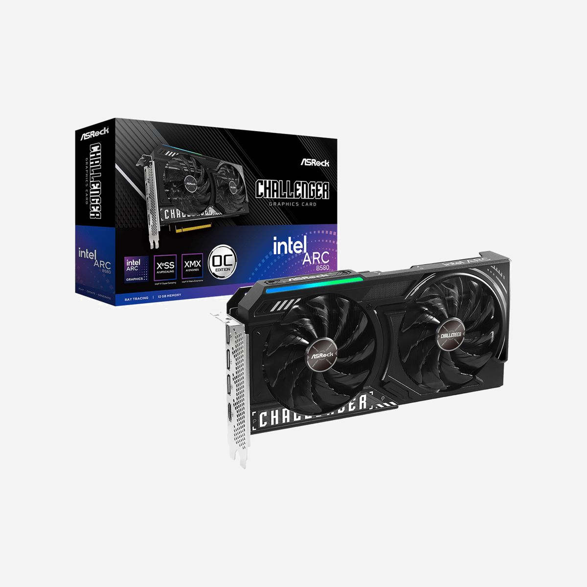 Asrock Arc B580 Challenger OC 12GB GDDR6, Fréquence 2740MHz, PCI Express x8 4.0, 3x DisplayPort 2.1, HDMI 2.1a, Refroidissement actif 2 ventilateurs. - Asrock Intel Arc B580 Challenger 12GB OC. Processeur graphique famille: Intel, Processeur graphique: Arc B580, Fréquence du processeur: 2740 MHz. Mémoire carte graphique distincte: 12 Go, Type de mémoire de l'adaptateur graphique: GDDR6, Mémoire Bus: 192 bit. Résolution maximale: 7680 x 4320 pixels. Version DirectX: 12 Ultimate, Version OpenGL: 4.6. Type d'interface: PCI Express x8 4.0. Type de refroidissement: Actif, Nombre de ventilateurs: 2 ventilateur(s), Couleur de l'éclairage: Bleu, Vert, Rouge