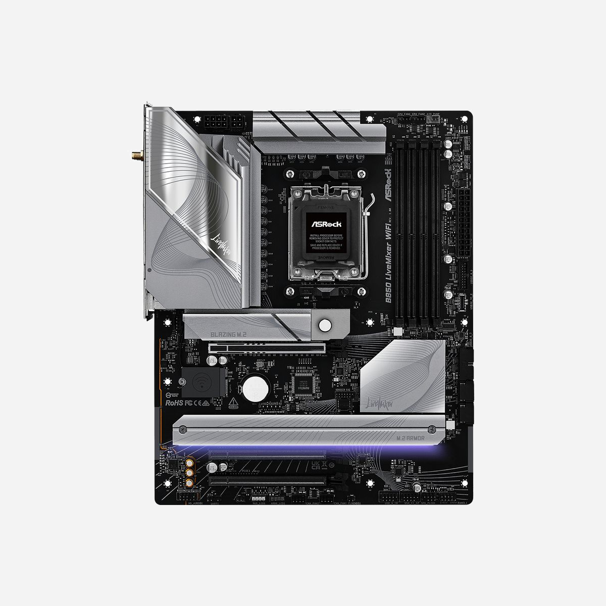 Asrock B850 LiveMixer WiFi - Carte mère ATX AMD B850 Socket AM5, DDR5, 3x M.2 PCIe 4.0/5.0, WiFi 7, 2.5GbE LAN, USB 3.2 Gen2 Type-A/C - Asrock B850 LiveMixer WiFi. Fabricant de processeur: AMD, Socket de processeur (réceptable de processeur): Emplacement AM5, Processeurs compatibles: AMD Ryzen 7000 Series, AMD Ryzen 8000 Series, AMD Ryzen 9000 Series. Types de mémoire pris en charge: DDR5-SDRAM, Mémoire interne maximale: 256 Go, Type de support (slot): DIMM. Interfaces de lecteur de stockage prises en charge: PCI Express 4.0, PCI Express 5.0, SATA III, Types de lecteurs de stockage pris en charge: HDD & SSD, Niveaux RAID: 0, 1, 10. Résolution maximale: 3840 x 2160 pixels. Connecteur USB: USB Type-A, USB Type-C