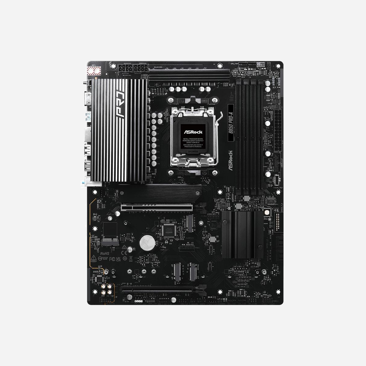 Asrock B850 Pro-A : Carte mère ATX AMD B850, Socket AM5, DDR5, 4x DIMM, 256Go max, PCIe 5.0, M.2 Gen5, USB 3.2 Gen2, 2.5GbE, Realtek ALC897. - Asrock B850 Pro-A. Fabricant de processeur: AMD, Socket de processeur (réceptable de processeur): Emplacement AM5, Processeurs compatibles: AMD Ryzen 7000 Series, AMD Ryzen 8000 Series, AMD Ryzen 9000 Series. Types de mémoire pris en charge: DDR5-SDRAM, Mémoire interne maximale: 256 Go, Type de support (slot): DIMM. Interfaces de lecteur de stockage prises en charge: PCI Express 3.0, PCI Express 4.0, PCI Express 5.0, SATA III, Types de lecteurs de stockage pris en charge: HDD & SSD, Niveaux RAID: 0, 1, 10. Résolution maximale: 3840 x 2160 pixels. Connecteur USB: USB Type-A, USB Type-C