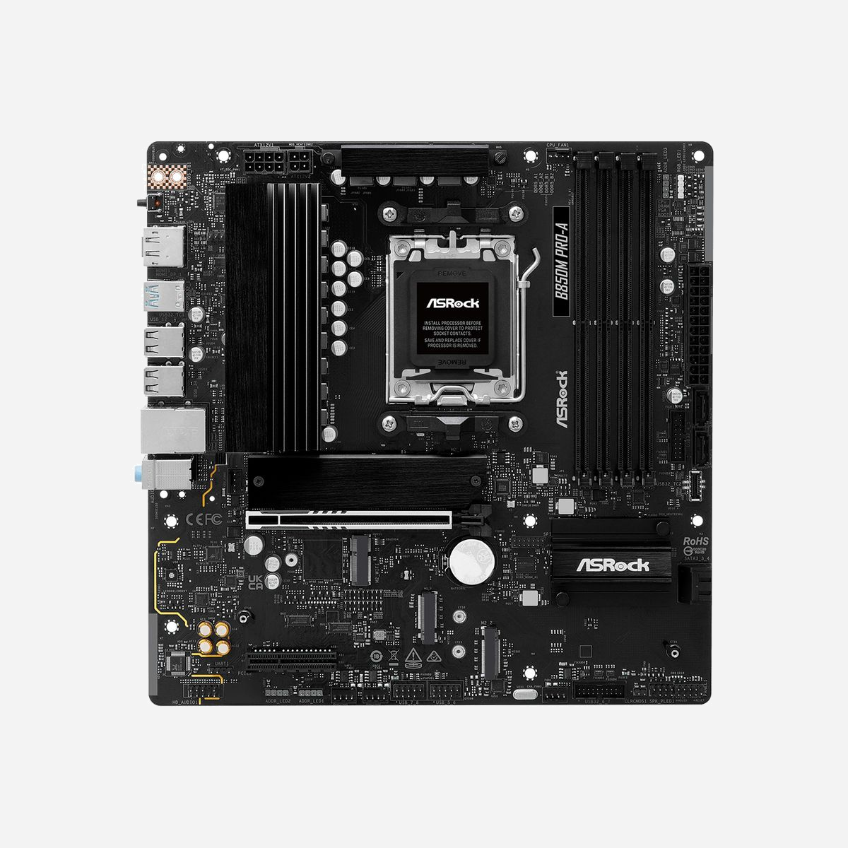 Asrock B850M Pro-A : Carte mère micro ATX AMD B850, Socket AM5, DDR5, PCIe 5.0, 3x M.2 (1x Gen5, 2x Gen4), SATA III, 2.5GbE LAN, USB 3.2 Gen2 Type-A/Type-C - Asrock B850M Pro-A. Fabricant de processeur: AMD, Socket de processeur (réceptable de processeur): Emplacement AM5, Processeurs compatibles: AMD Ryzen 7000 Series, AMD Ryzen 8000 Series, AMD Ryzen 9000 Series. Types de mémoire pris en charge: DDR5-SDRAM, Mémoire interne maximale: 256 Go, Type de support (slot): DIMM. Interfaces de lecteur de stockage prises en charge: PCI Express 4.0, PCI Express 5.0, SATA III, Types de lecteurs de stockage pris en charge: HDD & SSD, Niveaux RAID: 0, 1, 10. Résolution maximale: 3840 x 2160 pixels. Connecteur USB: USB Type-A, USB Type-C