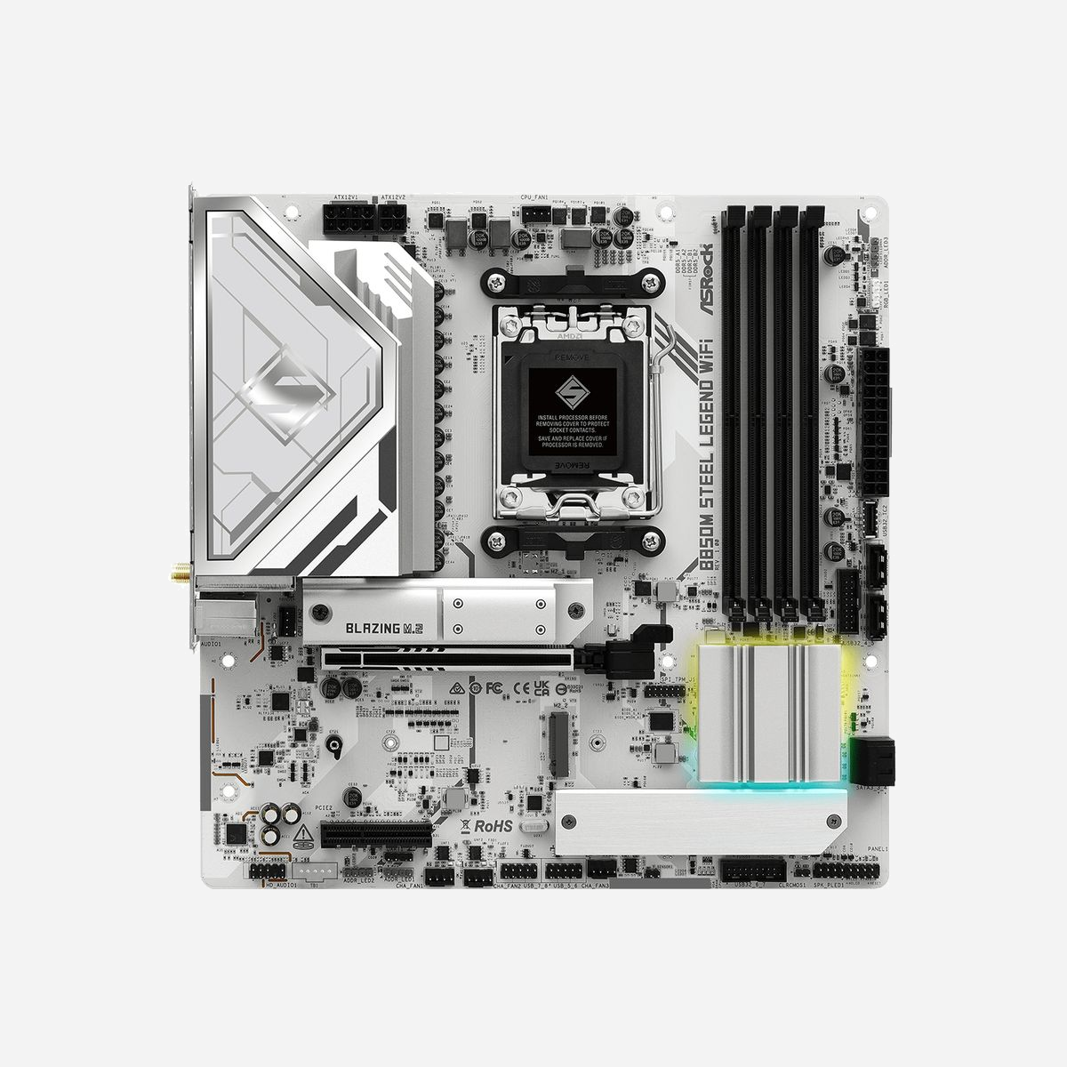 Asrock B850M Steel Legend WiFi - Carte mère micro ATX AMD B850 Socket AM5 - DDR5 - 3x M.2 PCIe 4.0/5.0 - WiFi 7 - 2.5GbE - Realtek ALC1220 - Asrock B850M Steel Legend WiFi. Fabricant de processeur: AMD, Socket de processeur (réceptable de processeur): Emplacement AM5, Processeurs compatibles: AMD Ryzen 7000 Series, AMD Ryzen 8000 Series, AMD Ryzen 9000 Series. Types de mémoire pris en charge: DDR5-SDRAM, Mémoire interne maximale: 256 Go, Type de support (slot): DIMM. Interfaces de lecteur de stockage prises en charge: PCI Express 4.0, PCI Express 5.0, SATA III, Types de lecteurs de stockage pris en charge: HDD & SSD, Niveaux RAID: 0, 1, 10. Résolution maximale: 3840 x 2160 pixels. Connecteur USB: USB Type-A, USB Type-C
