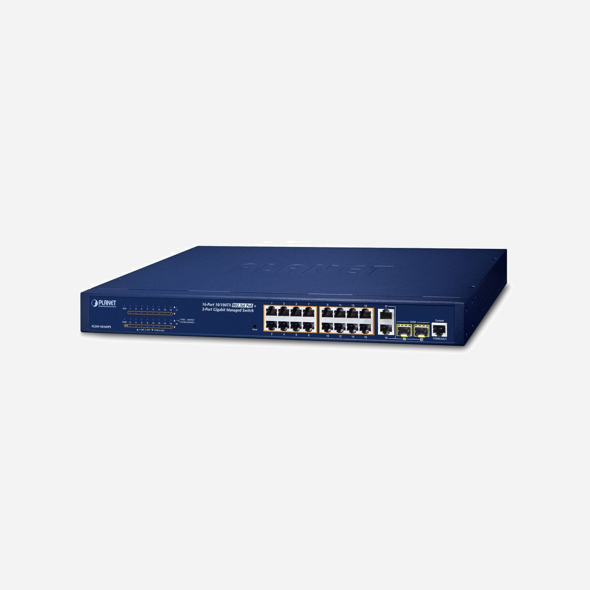 PLANET FGSW-1816HPS Commutateur Managed L2 Fast Ethernet 16 ports 10/100 PoE+ 2 ports Gigabit Ethernet 2 SFP 7.2Gbps 240W PoE IEEE 802.3af/at - PLANET FGSW-1816HPS. Type de commutateur: Géré, Banc de commutateurs: L2. Type de port Ethernet RJ-45 de commutation de base: Fast Ethernet (10/100), Quantité de ports Ethernet RJ-45 de commutation de base: 16. Répertoire MAC: 16000 entrées, Capacité de commutation: 7,2 Gbit/s. Standards réseau: IEEE 802.1D, IEEE 802.1Q, IEEE 802.1ab, IEEE 802.1p, IEEE 802.1s, IEEE 802.1w, IEEE 802.3, IEEE.... Connexion Ethernet, supportant l'alimentation via ce port (PoE). Grille de montage