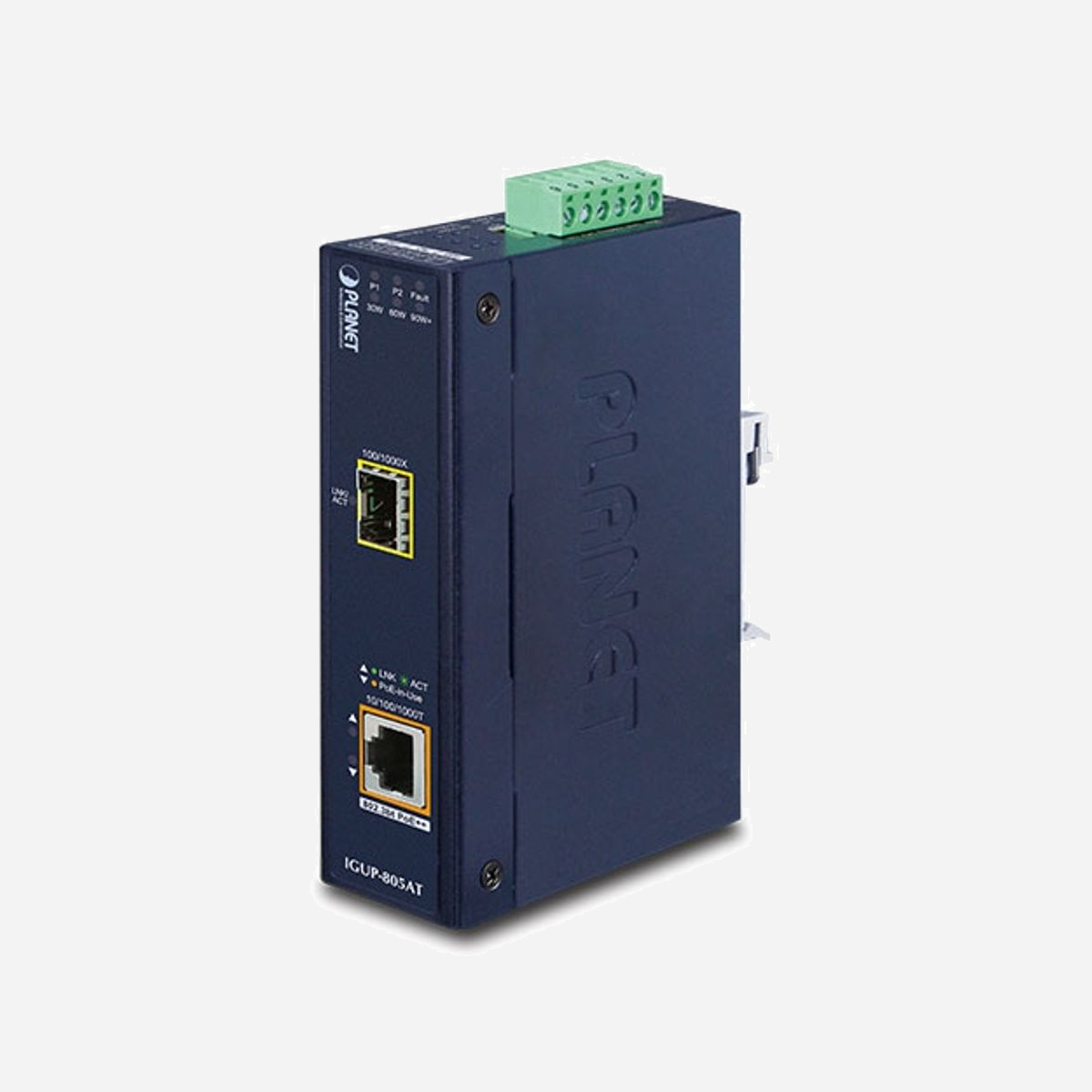 Convertisseur Media PLANET IGUP-805AT 1000 Mbit/s, Interfaces 10/100/1000Base-T vers 1000Base-BX/LX/SX, Connecteur SFP, PoE 95W, IP30, -40°C à 75°C - PLANET IGUP-805AT. Débit de transfert des données maximum: 1000 Mbit/s, Convertisseur d'interface d'entrée: 10Base-T, 100Base-T, 1000Base-T, Interface de sortie du convertisseur: 1000Base-BX, 1000Base-LX, 1000Base-SX. Voyants: Activité, Panne, Liaison, PoE, Énergie, Couleur du produit: Bleu, Code (IP) Internationale Protection: IP30. Connecteur de fibre optique: SFP, Technologie de connectivité: Avec fil. Tension d'entrée: 12 - 56 V, Consommation électrique typique: 4,44 W, Consommation (max): 98 W. Largeur: 32 mm, Profondeur: 87 mm, Hauteur: 135 mm