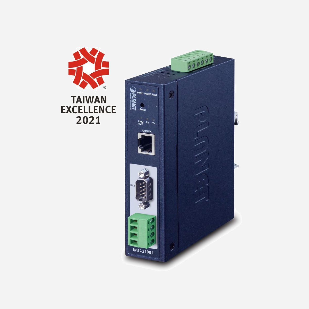 PLANET IMG-2100T Convertisseur Media Industriel 10/100M RJ45, RS-232/422/485, 9-48VDC/24VAC, Montage Rail DIN/Mural, IP30, -40°C~75°C - PLANET IMG-2100T. Couleur du produit: Bleu, Type de montage: Montage sur rail DIN/mural, Code (IP) Internationale Protection: IP30. LAN Ethernet : taux de transfert des données: 10,100 Mbit/s, Standards réseau: IEEE 802.3, IEEE 802.3u. Algorithme de sécurité soutenu: SNMP, SNMPv2. Type d'interface série: RS-232/422/485. Exigences d'alimentation: 9~48V DC / 24V AC, redundant power with reverse polarity protection