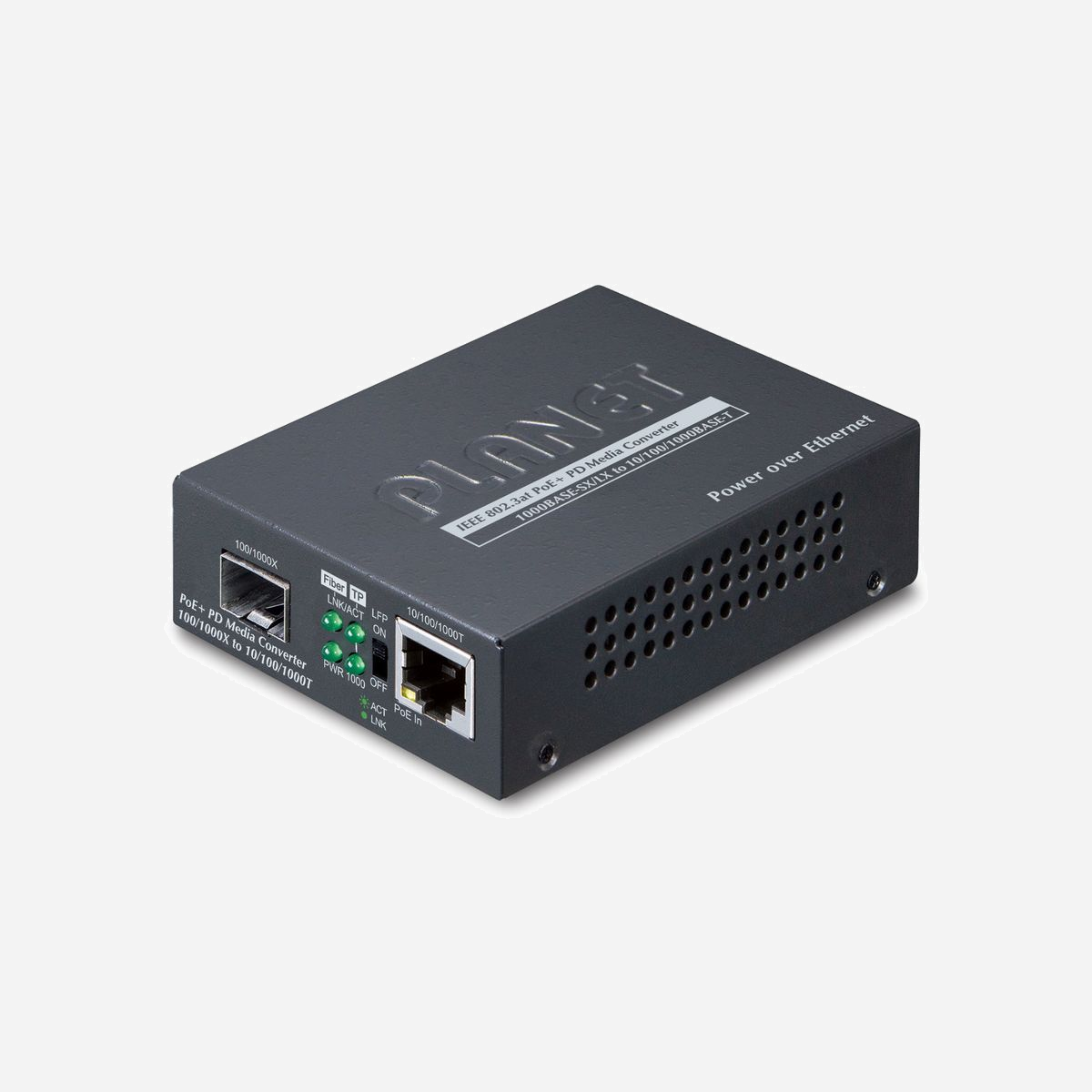 PLANET GT-805A-PD Convertisseur de Média PoE+ PD 2000 Mbit/s Gigabit Ethernet SFP, Standards IEEE 802.3af/at/bt, Jumbo Frames 9000, Noir - PLANET 802.3at PoE+ PD. Débit de transfert des données maximum: 2000 Mbit/s, Standards réseau: IEEE 802.3, IEEE 802.3ab, IEEE 802.3af, IEEE 802.3at, IEEE 802.3az, IEEE 802.3bt, IEEE 802.3u,..., Type d'interface Ethernet: Gigabit Ethernet. Couleur du produit: Noir. Connecteur de fibre optique: SFP, Technologie de connectivité: Avec fil. Largeur: 70 mm, Profondeur: 94 mm, Hauteur: 26 mm. Certification: FCC Part 15 Class A, CE