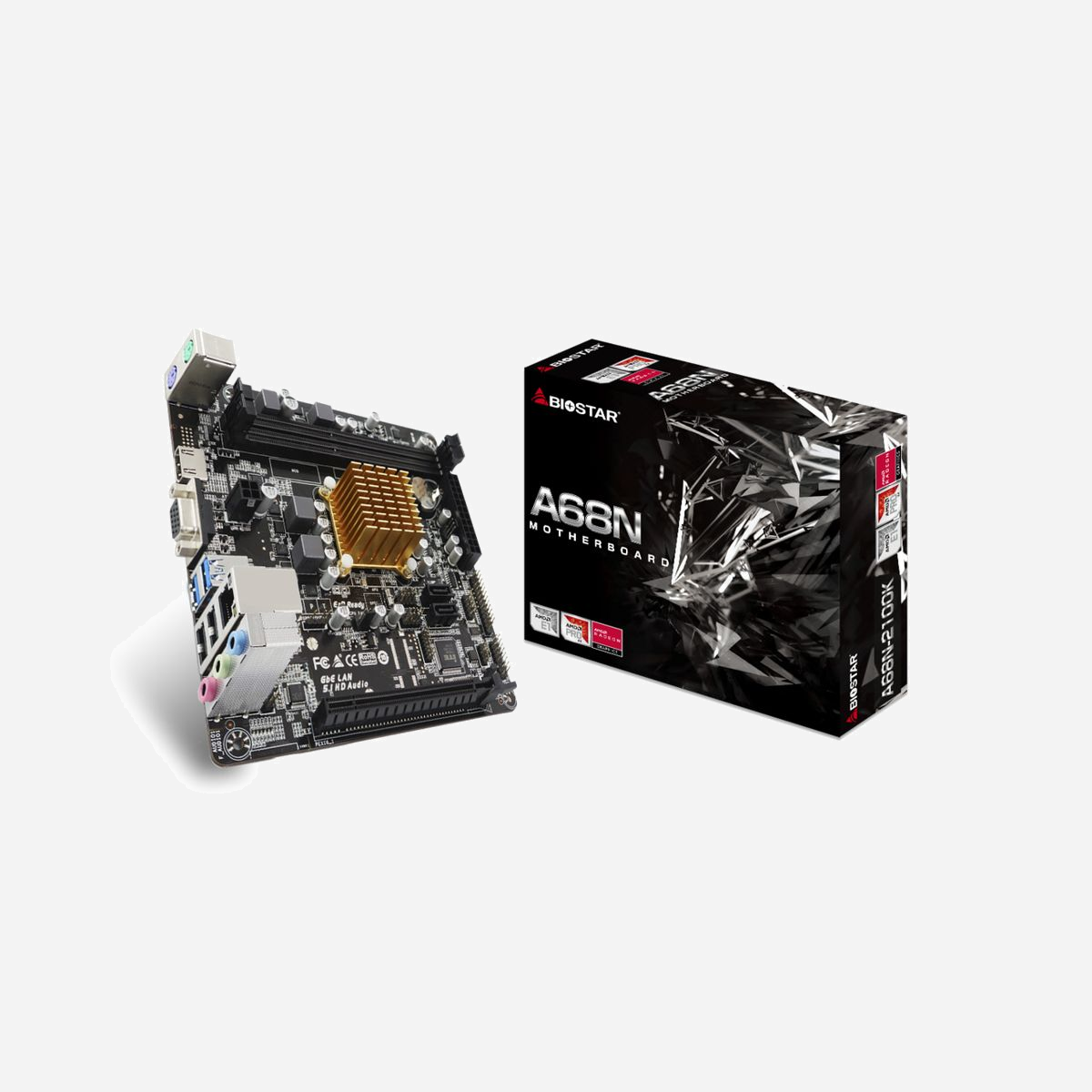 Biostar A68N-2100K Carte Mère Mini ITX AMD E1-6010, 2x DDR3/DDR3L-1333 (Max 16GB), SATA III, Gigabit Ethernet, Realtek ALC887, Windows 10/7/8.1 - Biostar A68N-2100K. Fabricant de processeur: AMD, Modèle de processeur: E1-6010. Types de mémoire pris en charge: DDR3-SDRAM, DDR3L-SDRAM, Mémoire interne maximale: 16 Go, Type de support (slot): DIMM. Interfaces de lecteur de stockage prises en charge: SATA III. Type d'interface Ethernet: Gigabit Ethernet, Contrôleur de réseau local (LAN): Realtek RTL8111H. composant pour: PC, Elément de forme de carte mère: mini ITX, famille de composant de produits: AMD