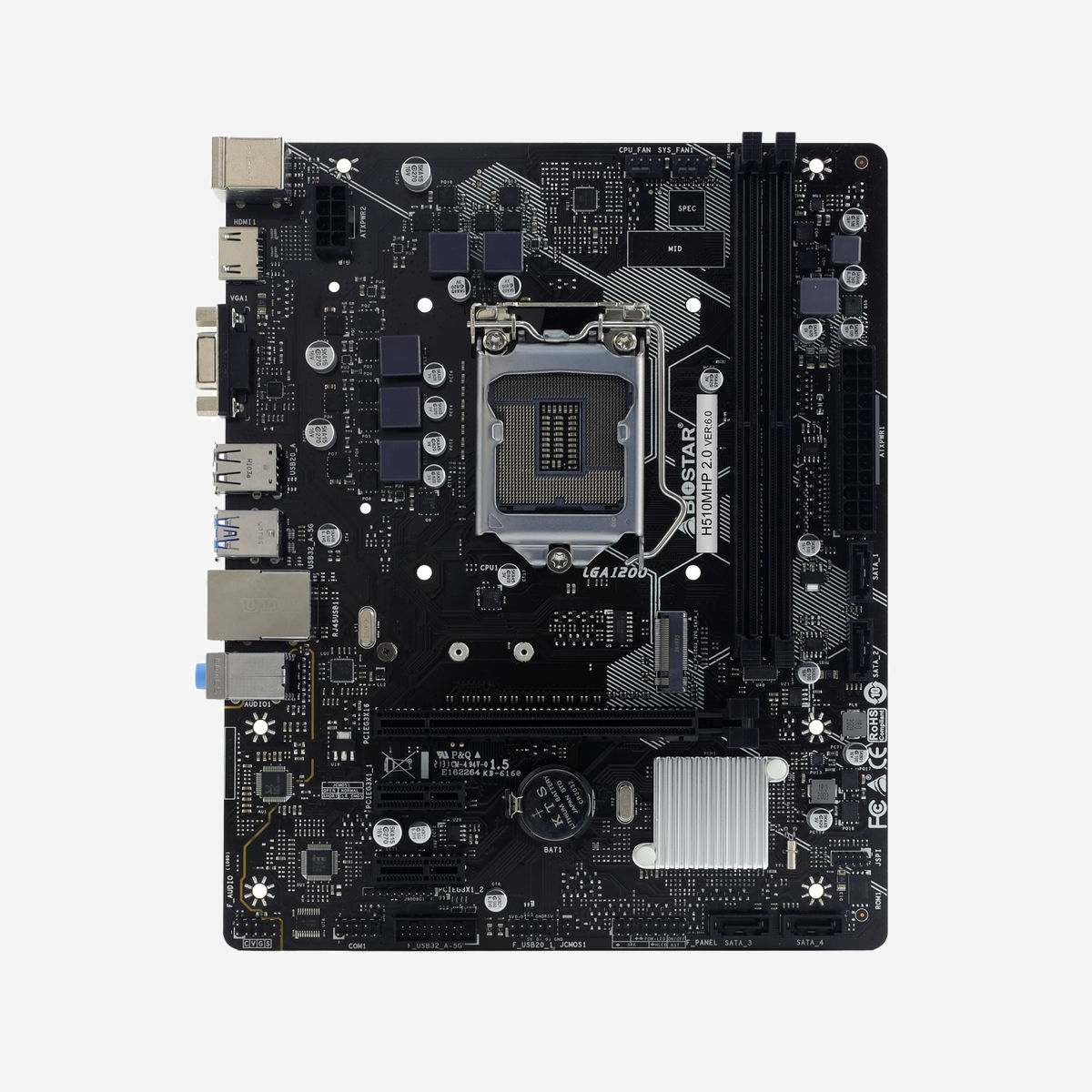 Biostar H510MHP 2.0 : Carte mère micro ATX Intel H510, Socket LGA 1200, DDR4, M.2, Gigabit Ethernet, PCIe 3.0, Windows 10/11 - Biostar H510MHP 2.0. Fabricant de processeur: Intel, Socket de processeur (réceptable de processeur): LGA 1200 (Socket H5), Processeurs compatibles: Intel® Celeron®, Intel® Core™ i3, Intel® Core™ i5, Intel® Core™ i7, Intel® Core™ i9, Intel® Pentium®. Types de mémoire pris en charge: DDR4-SDRAM, Mémoire interne maximale: 64 Go, Type de support (slot): DIMM. Interfaces de lecteur de stockage prises en charge: M.2, PCI Express 3.0, SATA III. Type d'interface Ethernet: Gigabit Ethernet, Contrôleur de réseau local (LAN): Intel® I219-V. composant pour: PC, Elément de forme de carte mère: micro ATX, famille de composant de produits: Intel