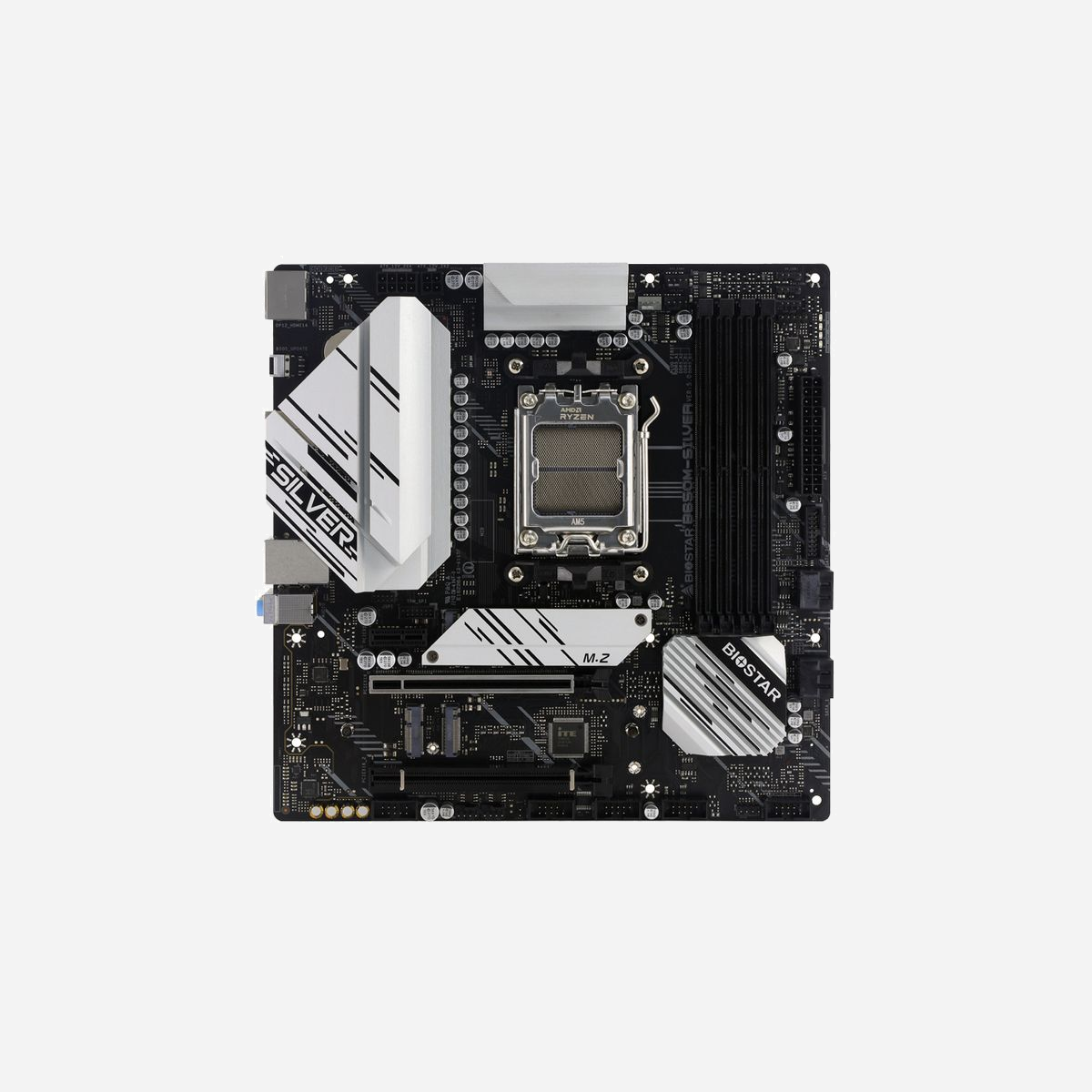 Biostar B650M-SILVER : Carte mère micro ATX AMD B650 Socket AM5, DDR5, M.2 NVMe, 2.5GbE, Realtek ALC1220, Ryzen 7000 Series - Biostar B650M-SILVER. Fabricant de processeur: AMD, Socket de processeur (réceptable de processeur): Emplacement AM5, Processeurs compatibles: AMD Ryzen 7000 Series. Types de mémoire pris en charge: DDR5-SDRAM, Mémoire interne maximale: 192 Go, Type de support (slot): DIMM. Interfaces de lecteur de stockage prises en charge: M.2, NVMe, SATA, Types de lecteurs de stockage pris en charge: HDD & SSD, Niveaux RAID: 0, 1, 10. Type d'interface Ethernet: 2.5 Gigabit Ethernet. composant pour: PC, Elément de forme de carte mère: micro ATX, famille de composant de produits: AMD