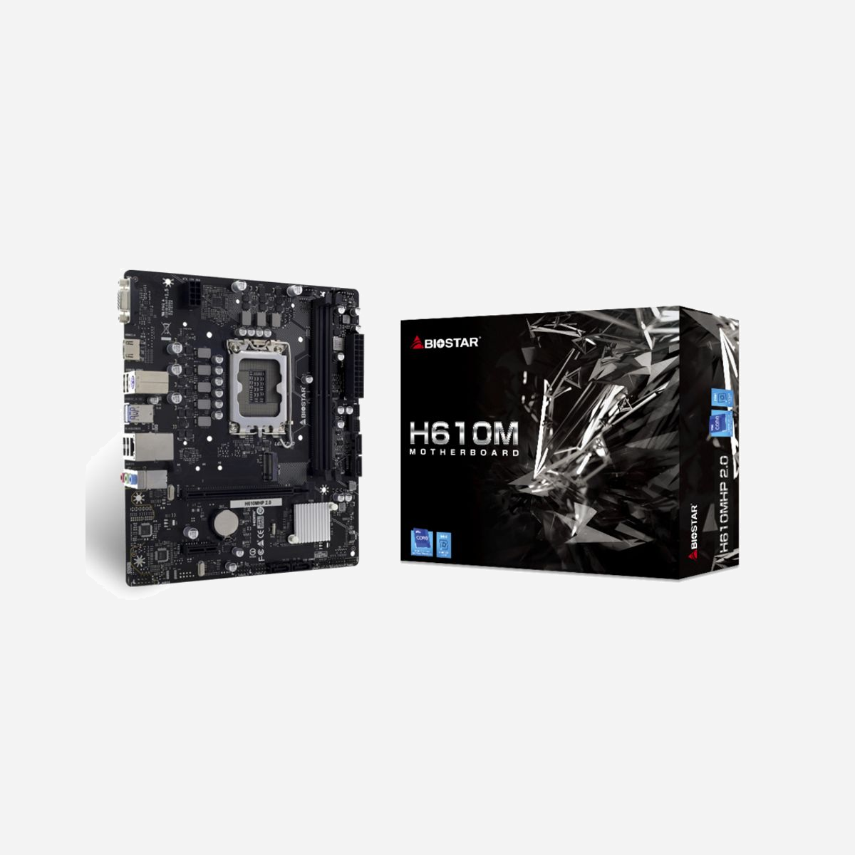 Biostar H610MHP 2.0 - Carte Mère micro ATX Intel H610 Socket LGA 1700, DDR4, M.2, Gigabit Ethernet, Realtek Audio 7.1, USB 3.2 Gen 1 - Biostar H610MHP 2.0. Fabricant de processeur: Intel, Socket de processeur (réceptable de processeur): LGA 1700, Processeurs compatibles: Intel® Celeron®, Intel® Core™ i3, Intel® Core™ i5, Intel® Core™ i7, Intel® Core™ i9,.... Types de mémoire pris en charge: DDR4-SDRAM, Mémoire interne maximale: 64 Go, Type de support (slot): DIMM. Interfaces de lecteur de stockage prises en charge: M.2, PCI Express 3.0, SATA III. Type d'interface Ethernet: Gigabit Ethernet, Contrôleur de réseau local (LAN): Realtek RTL8111H. composant pour: PC, Elément de forme de carte mère: micro ATX, famille de composant de produits: Intel