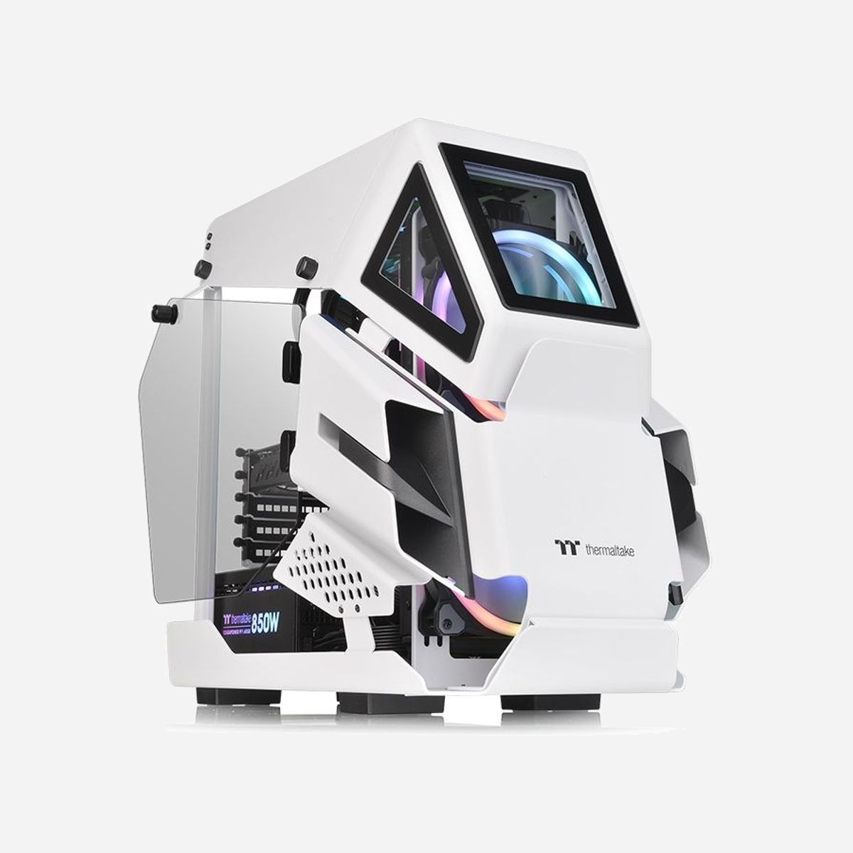 Thermaltake AH T200 Snow Micro Tower Blanc, micro ATX/Mini-ITX, 3x3.5", 2x2.5", USB 3.2 Gen 1/Gen 2, radiateurs 280mm, SPCC/Verre Trempé - Thermaltake AH T200 Snow. Format: Micro Tower, Type: PC, Couleur du produit: Blanc. Emplacement d'alimentation: Bas, Facteurs de forme d'alimentation pris en charge: PS2. Prise en charge des diamètres des ventilateurs avants: 120,140 mm, Pris en charge des diamètres des ventilateurs supérieurs: 120,140 mm, Tailles des radiateurs avant prises en charge: 120,140,240,280 mm. Tailles de disques durs supportées: 2.5,3.5". Largeur: 282 mm, Profondeur: 551,5 mm, Hauteur: 444,2 mm