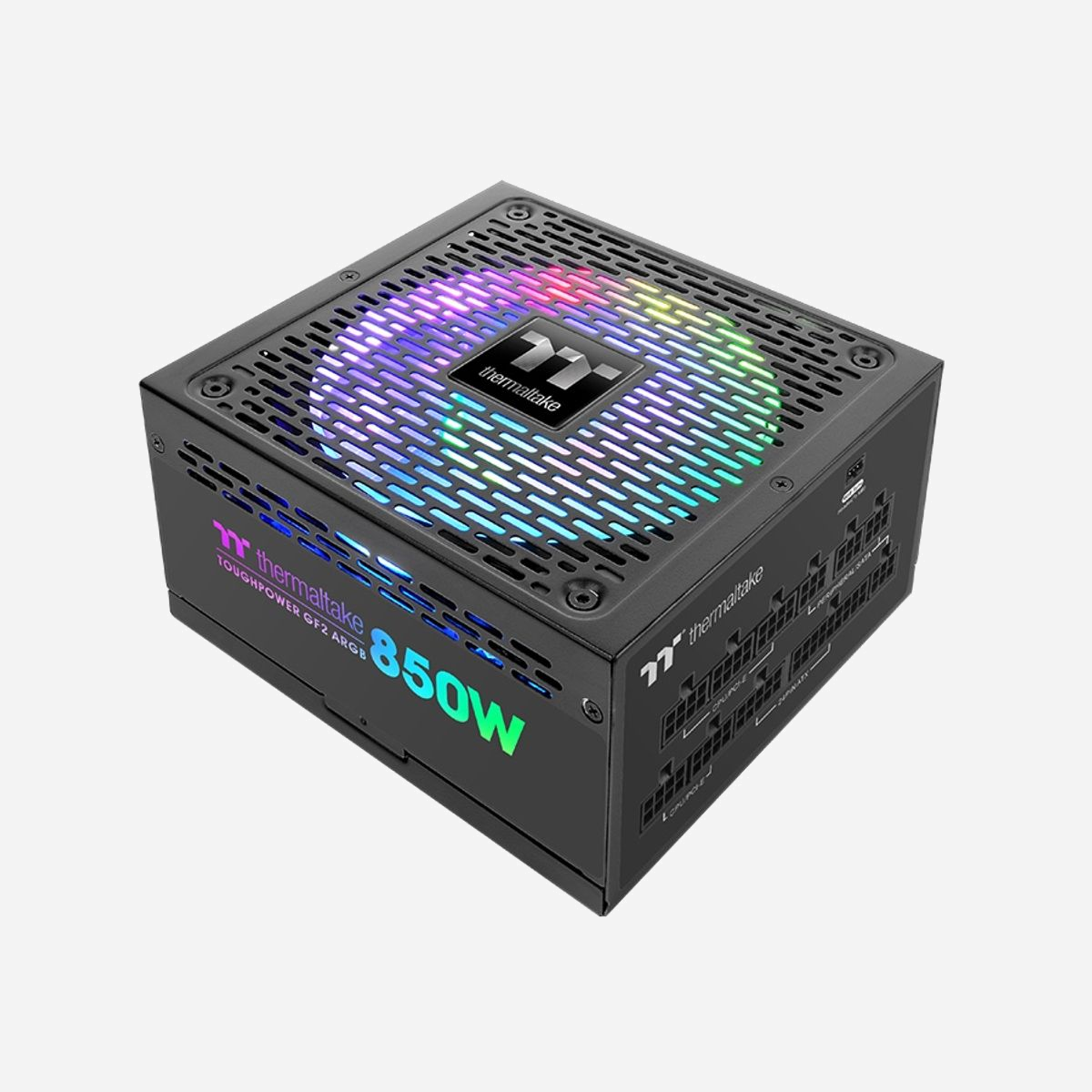 Thermaltake Toughpower GF2 ARGB 850W ATX - Alimentation 24-pin, 850W, PFC Actif, Ventilateur 14cm HDB, MTBF 100000h, Câblage Modulaire, Connecteurs PCIe, SATA, Molex - Thermaltake Toughpower GF2 ARGB 850W - TT Premium Edition. Tension d'entrée AC: 100 - 240 V, Fréquence d'entrée AC: 50 - 60 Hz, Courant d'entrée: 10 A. Connecteur de la carte mère: 24-pin ATX, Longueur de câble d'alimentation de carte-mère: 60 cm, Longueur du câble d'alimentation SATA: 150,500 mm. Technologie de roulement: HDB, Temps moyen entre pannes: 100000 h. Couleur du produit: Noir, Type de refroidissement: Actif, Diamètre du ventilateur: 14 cm. Câbles inclus: Secteur, UC, Peripheral (Molex), SATA