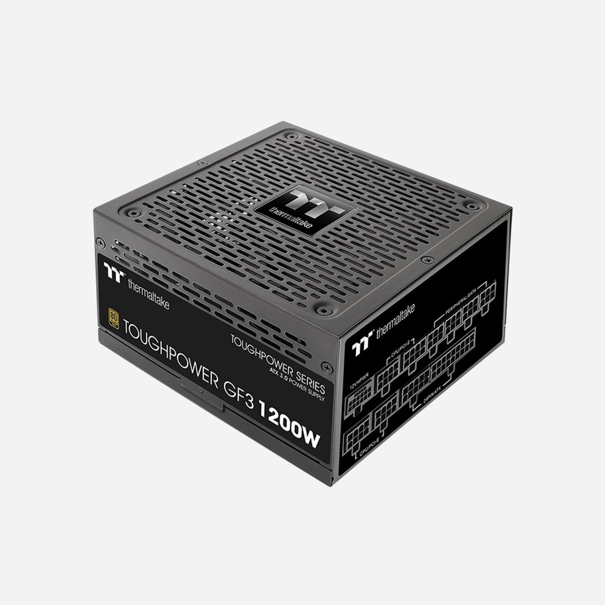 Thermaltake Toughpower GF3 1200W Alimentation ATX Modulaire 80 PLUS Gold, PFC Actif, Ventilateur 135mm FDB, Protections OVP/OCP/OTP/SCP/UVP, Connecteur ATX 24-Pin - Thermaltake Toughpower GF3. Puissance totale: 1200 W, Tension d'entrée AC: 100 - 240 V, Fréquence d'entrée AC: 50 - 60 Hz. Connecteur de la carte mère: 24-pin ATX, Longueur de câble d'alimentation de carte-mère: 60 cm, Longueur du câble d'alimentation SATA: 500,650,800,950 mm. Utilité: PC, Facteur de forme de l'unité d'alimentation: ATX, Certification 80 PLUS: 80 PLUS Gold. Couleur du produit: Noir, Diamètre du ventilateur: 13,5 cm, Nombre de ventilateurs: 1 ventilateur(s). Certification: CE/UKCA/cTUVus/TÜV/FCC/IC/BSMI/EAC/CB/CCC