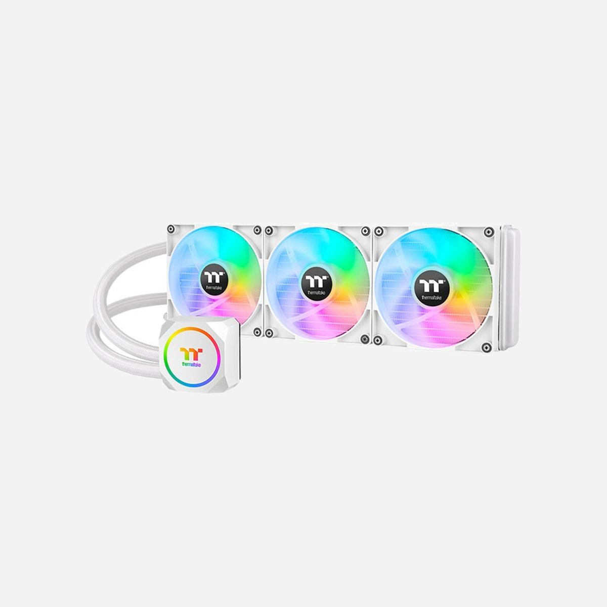 Thermaltake TH420 ARGB Sync - Refroidisseur liquide AIO pour processeur, radiateur 456mm, 3x140mm PWM 500-1800tr/min, 84.32CFM, 3.02mmH2O, Blanc, compatible Intel/AMD - Thermaltake TH420 ARGB Sync. Type: Refroidisseur de liquide tout-en-un, Vitesse de rotation (min): 500 tr/min, Vitesse de rotation (max): 1800 tr/min, Pression d'air maximale: 3,02 mmH2O. Couleur du produit: Blanc