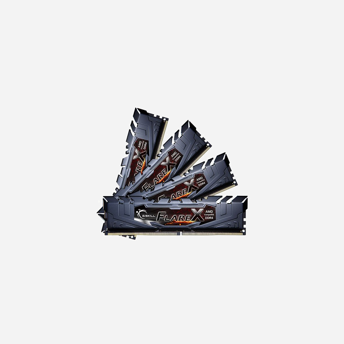 G.Skill Flare X F4-3200C16Q-64GFX : Kit mémoire 64Go (4x16Go) DDR4 3200MHz CL16 1.35V Unbuffered, Dual/Quad Channel, Intel XMP 2.0 - G.Skill Flare X (for AMD) F4-3200C16Q-64GFX. composant pour: PC/serveur, Mémoire interne: 64 Go, Disposition de la mémoire (modules x dimensions): 4 x 16 Go, Type de mémoire interne: DDR4, Fréquence de la mémoire: 3200 MHz, Latence CAS: 16