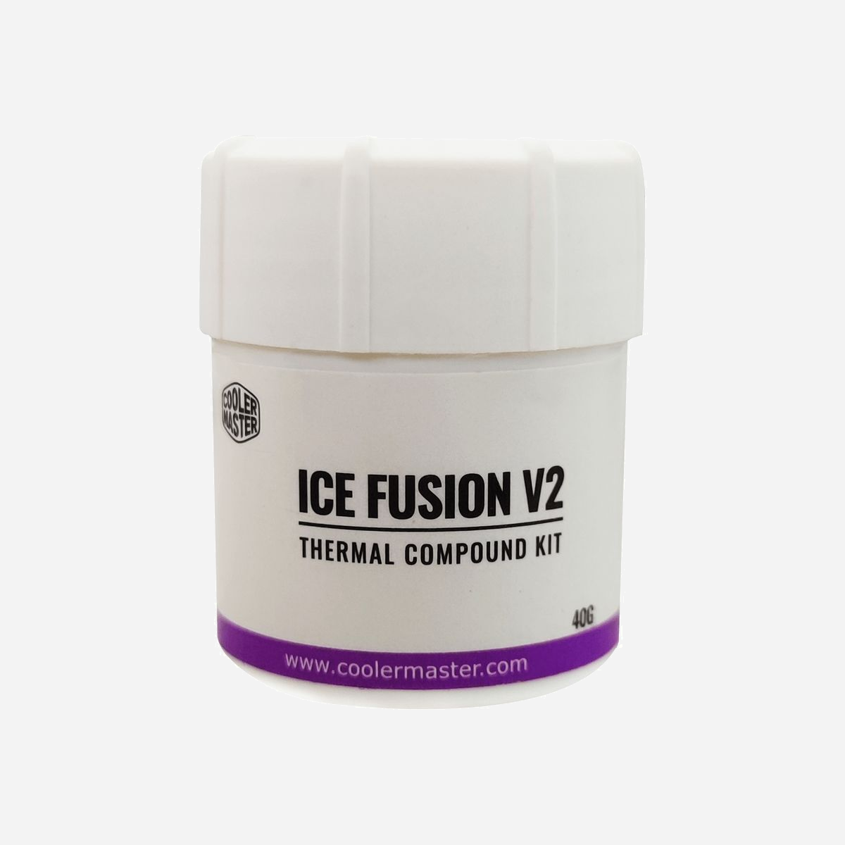Cooler Master Ice Fusion V2 - Pâte Thermique 5 W/m·K, 40g - Conductivité Thermique 5 W/m·K, Densité 2.6 g/cm³, Conditionnement Individuel - Cooler Master Ice Fusion V2. Type: Pâte thermique, Сonductibilité de la chaleur: 5 W/m·K, Couleur du produit: Violet, Blanc. Poids: 40 g. Quantité: 1 pièce(s), Largeur du colis: 33 mm, Profondeur du colis: 56 mm. Produit par casier principal (externe): 160 pièce(s)