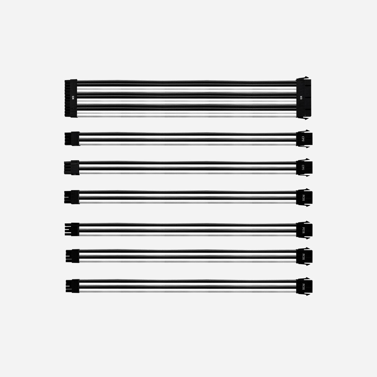 Kit d'Extension Câbles Cooler Master Couleurs 0.3m - Connecteurs Mâles 24 Pin, 8(4+4) Pin, 8 Pin, 2x PCI-e 8 Pin, 2x PCI-e 6+2 Pin - AWG16 - PVC Noir/Blanc - Cooler Master Colored Extension Cable Kit. Longueur de câble: 0,3 m, Genre de connecteur 1: Mâle, Genre de connecteur 2: Mâle. Poids: 404 g. Contenu de l'emballage: 1x 24 Pin, 1x 8(4+4) Pin, 1x 8 Pin, 2x PCI-e 8 Pin, 2x PCI-e 6+2 Pin. Largeur du colis: 79 mm, Profondeur du colis: 418 mm, Hauteur du colis: 50 mm. Matériau du manteau: Polyvinyl chloride (PVC)