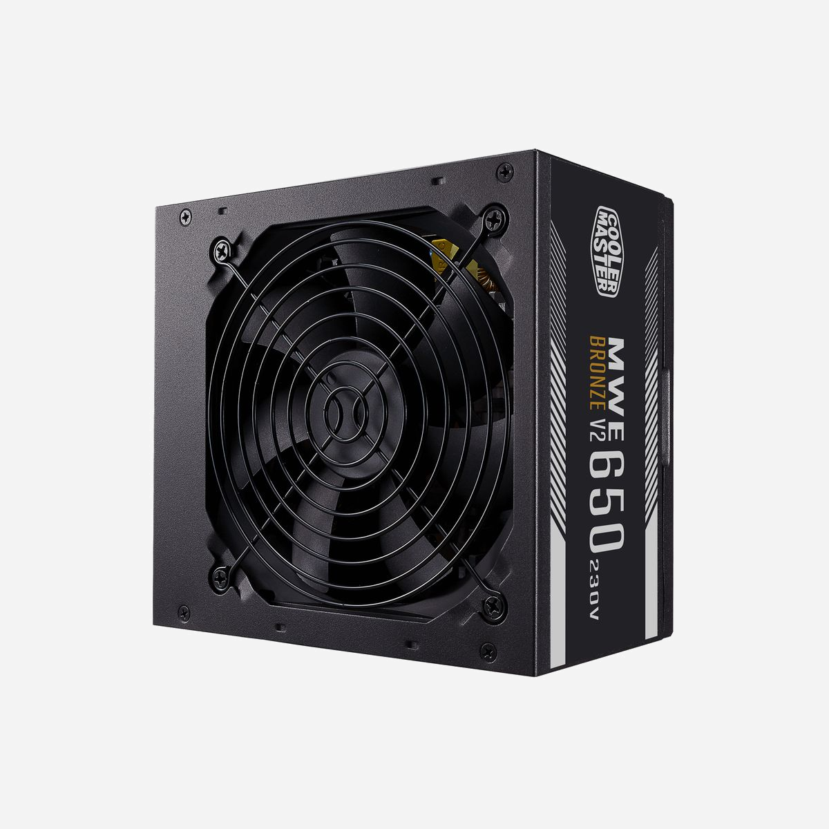 Alimentation Cooler Master MWE 650 Bronze 230V V2, 650W, ATX, PFC Actif, 24-pin, 80 PLUS Bronze, Ventilateur 120mm, Non-modulaire, protections OVP/SCP/OPP/UVP - Cooler Master MWE 650 Bronze 230V V2. Puissance totale: 650 W, Tension d'entrée AC: 220 - 240 V, Fréquence d'entrée AC: 50 - 60 Hz. Connecteur de la carte mère: 24-pin ATX, Type de câblage: Non-modulaire. Utilité: PC, Facteur de forme de l'unité d'alimentation: ATX, Certification 80 PLUS: 80 PLUS Bronze. Couleur du produit: Noir, Type de refroidissement: Actif, Diamètre du ventilateur: 12 cm. Certification: CCC, CE, TUV-RH, RCM, EAC, cTUVus, FCC, BSMI, KC, CB