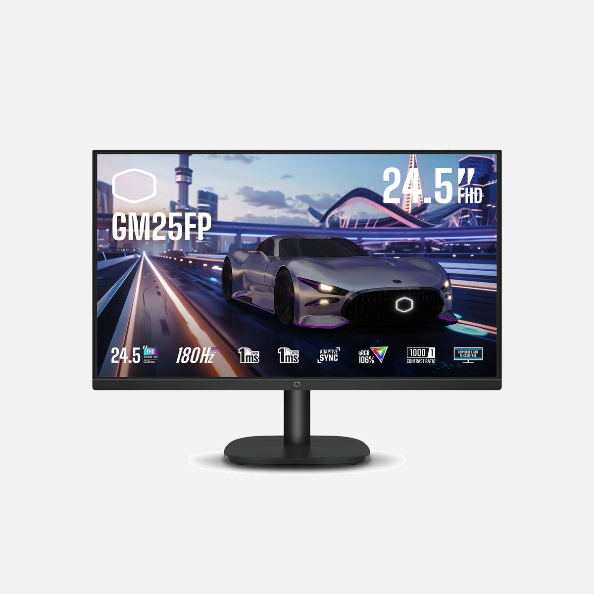 Cooler Master GM25FP : Écran LCD 24.5" Full HD 1920x1080, 1ms, 180Hz, IPS, HDR10, Adaptive Sync, HDMI 2.0/DisplayPort 1.4, Noir - Cooler Master Gaming GM25FP. Taille de l'écran: 62,2 cm (24.5"), Résolution de l'écran: 1920 x 1080 pixels, Type HD: Full HD, Technologie d'affichage: LCD, Temps de réponse: 1 ms, Format d'image: 16:9, Angle de vision horizontal: 178°, Angle de vision vertical: 178°. Montage VESA. Couleur du produit: Noir