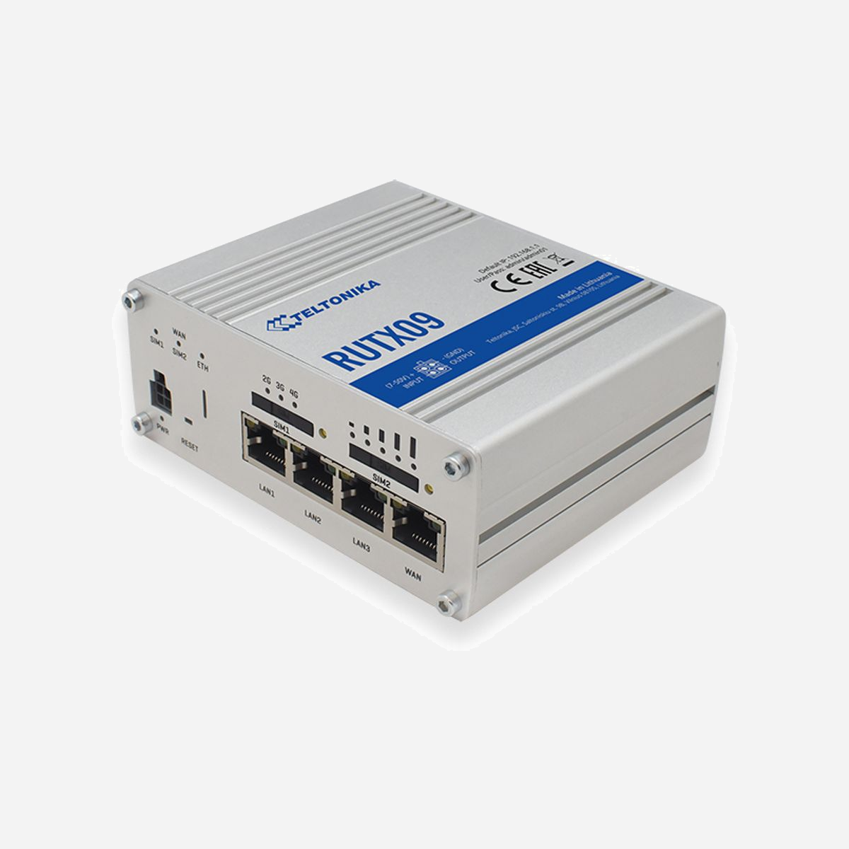 Teltonika RUTX09 Routeur 4G LTE Gigabit Ethernet, Boîtier Aluminium, CPU 717MHz Quad-Core, 256MB Flash, 256MB DDR2, RutOS, Ports RJ45 et USB 2.0 - Teltonika RUTX09. Standards réseau: IEEE 802.11e, IEEE 802.3, IEEE 802.3az, IEEE 802.3u, LAN Ethernet : taux de transfert des données: 10,100,1000 Mbit/s. Génération de réseau mobile: 4G, Norme 4G: LTE. Protocole de routage: OSPFv2, BGP, RIP-1, RIP-2, Protocoles VoIP: H.323, SIP-alg, Protocoles réseau pris en charge: TCP, UDP, IPv4, IPv6, ICMP, UDP, NTP, DNS, HTTP, FTP, SMTP, TLS, ARP, VRRP, PPP, PPPoE, UPNP, SSH,.... Algorithme de sécurité soutenu: SNMP, SNMPv3, SSH. Fréquence du processeur: 717 MHz, Mémoire flash: 256 Mo, Mémoire interne: 256 Mo