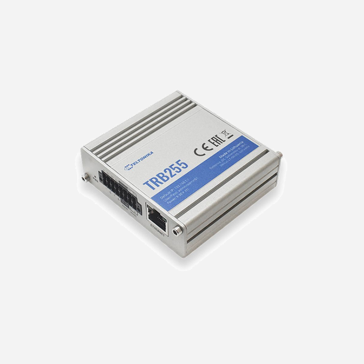 Teltonika TRB255000000 Routeur Ethernet 10/100 Mbps, RS-232/485, SNMP, Firewall, NAT, TCP/UDP/IPv4/IPv6, Température -40°C à 75°C - Teltonika TRB255000000. Couleur du produit: Gris, Voyants: Énergie. Protocoles de gestion: SNMP, Protocoles réseau pris en charge: TCP, UDP, IPv4, IPv6, ICMP, NTP, DNS, HTTP, HTTPS, FTP, SMTP, SSL v3, TLS, ARP, PPP (planned),.... LAN Ethernet : taux de transfert des données: 10,100 Mbit/s, Standards réseau: IEEE 802.3, IEEE 802.3u. Méthode d'authentification: Pre-shared key, digital certificates, X.509 certificates. Type d'interface série: RS-232/485