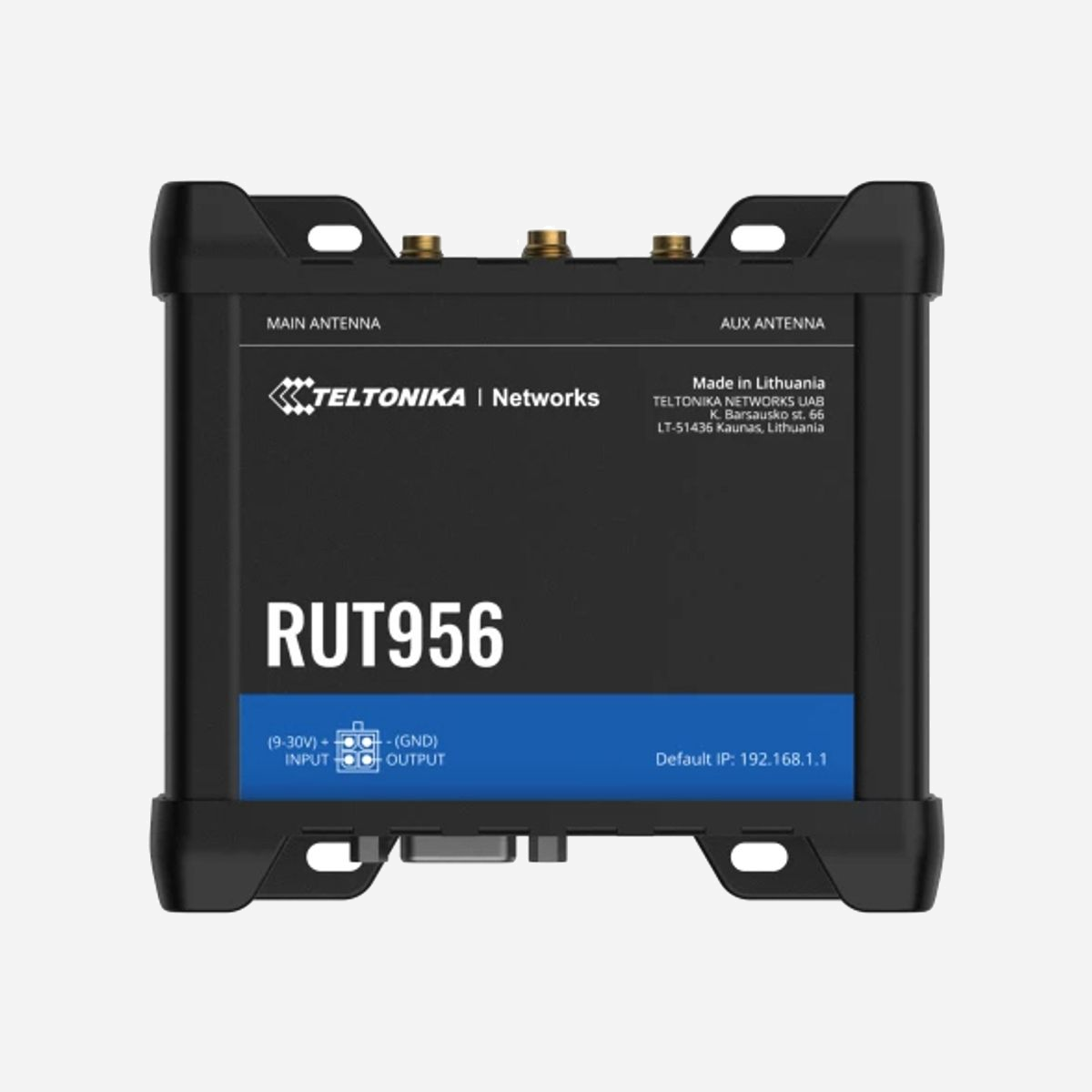 Teltonika RUT956 Routeur Cellulaire Industriel 4G LTE, Dual SIM, WiFi 4, 3x Fast Ethernet, 2x RS232/RS485, GPS/GLONASS/BeiDou/Galileo/QZSS, RutOS - Teltonika RUT956. Type d'appareil: Routeur de réseau cellulaire, Couleur du produit: Noir, Matériau du boîtier/corps: Aluminium, Plastique. Type d'interface LAN Ethernet: Fast Ethernet, LAN Ethernet : taux de transfert des données: 100 Mbit/s, Standards réseau: IEEE 802.3, IEEE 802.3u. Standards wifi: 802.11b, 802.11g, Wi-Fi 4 (802.11n). Données du réseau: 2G, 3G, 4G. Type d'interface série: RS-232, RS-485