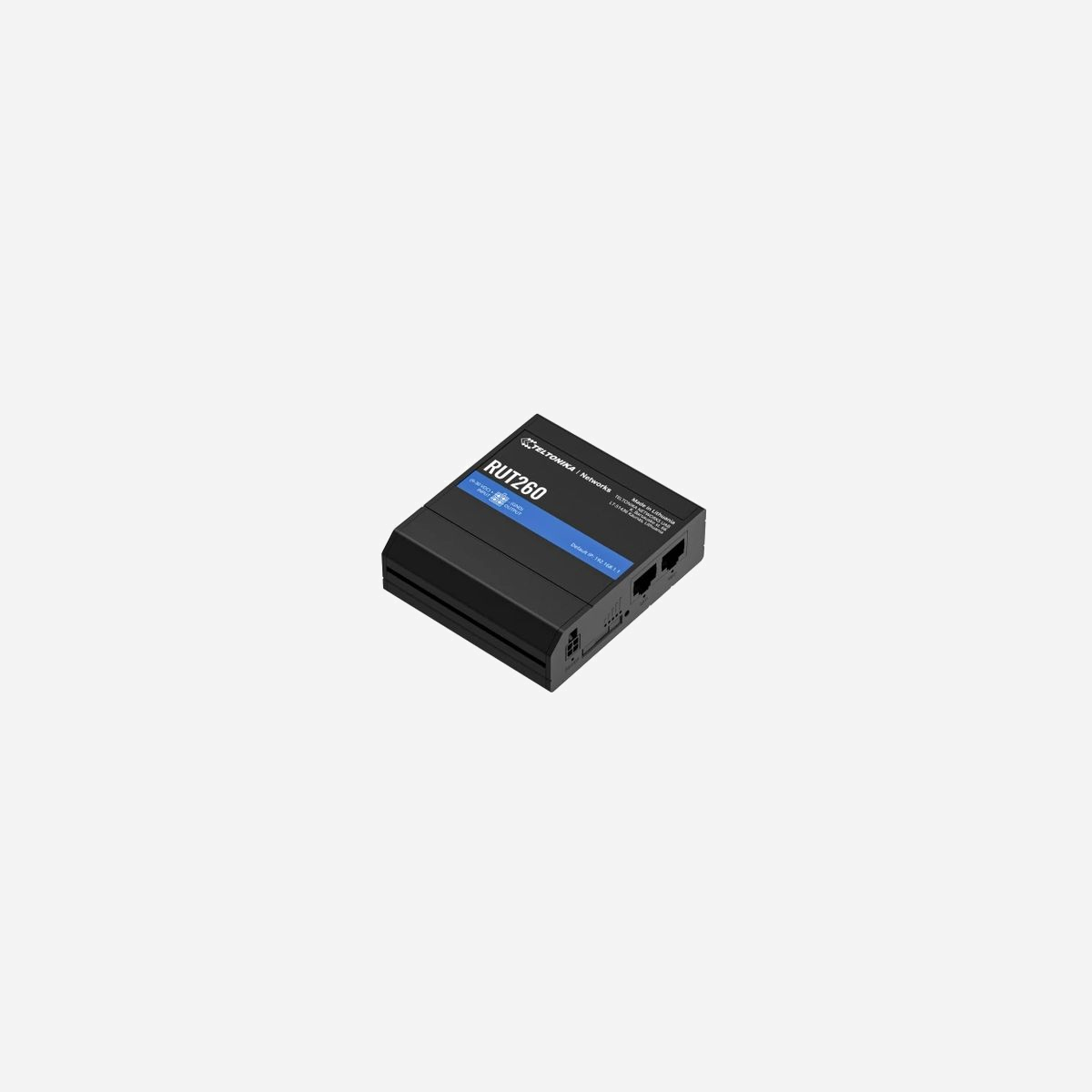 Teltonika RUT260 - Routeur Cellulaire Industriel 3G/LTE Fast Ethernet, Wi-Fi 4 300Mbps, MiniSIM, RutOS, CPU Mediatek 580MHz, RAM 128MB, Alimentation DC - Teltonika RUT260. Type d'appareil: Routeur de réseau cellulaire, Couleur du produit: Noir, Bleu, Matériau du boîtier/corps: Aluminium, Plastique. Type d'interface LAN Ethernet: Fast Ethernet, LAN Ethernet : taux de transfert des données: 10,100 Mbit/s, Standards réseau: IEEE 802.11b, IEEE 802.11e, IEEE 802.11g, IEEE 802.11n, IEEE 802.11r, IEEE 802.3, IEEE 802.3af,.... Standards wifi: 802.11b, 802.11g, Wi-Fi 4 (802.11n), Vitesse de transfert des données WLAN: 300 Mbit/s. Données du réseau: 3G, LTE, Type de carte SIM: MiniSIM, Taux de transfert de données (LTE) (téléchargement): 300 Mbit/s. Algorithme de sécurité soutenu: AES-CCMP, TKIP, WEP, WPA2-Enterprise-PEAP, WPA2-PSK, WPA3-EAP, WPA3-SAE