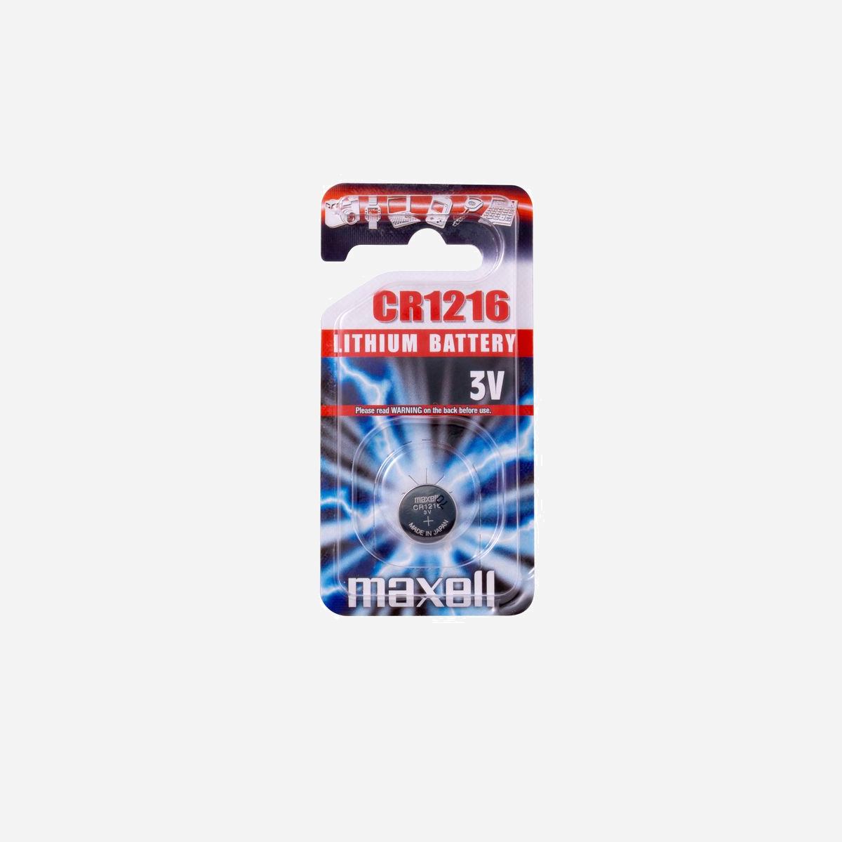 Maxell Pile Lithium CR1216 LiMnO2 3V 25mAh, dim. 12.5x1.6mm, plage -20°C à 85°C, conditionnement blister individuel, réf. 11238800 - Maxell 11238800. Type de batterie: Batterie à usage unique, Taille(s) de la batterie: CR1216, Technologie batterie: Lithium-Manganese Dioxide (LiMnO2). Largeur: 12,5 mm, Profondeur: 12,5 mm, Hauteur: 1,6 mm. Type d'emballage: Blister