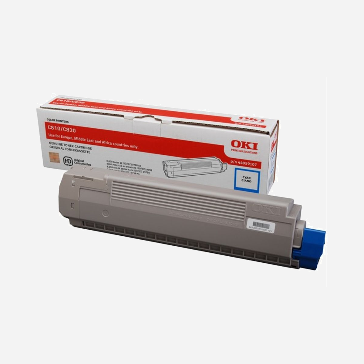OKI 44059107 Cartouche Toner Cyan Original, 8000 pages, Imprimantes LED OKI C810/C830, Gris, 388x70x110mm, 640g - Les consommables OKI Printing Solutions sont conçus pour être parfaitement compatibles avec les produits OKI Printing Solutions. Ils garantissent leur meilleur niveau de performances et leur pérennité.