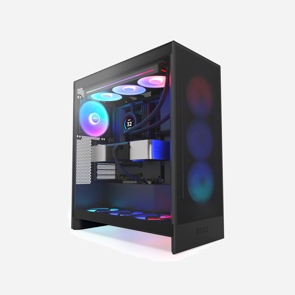 NZXT H7 Flow RGB - Boîtier PC Midi Tower Noir, ATX/EATX/microATX/Mini-ITX, 3x120mm avant, Baies 2.5/3.5", Radiateurs 360/420mm, Verre trempé - NZXT H7 Flow RGB. Format: Midi Tower, Type: PC, Couleur du produit: Noir. Ventilateurs installés avant: 3x 120 mm, Prise en charge des diamètres des ventilateurs avants: 120,140 mm, Pris en charge des diamètres des ventilateurs arrières: 120,140 mm. Tailles de disques durs supportées: 2.5,3.5". Largeur: 244 mm, Profondeur: 468 mm, Hauteur: 544 mm