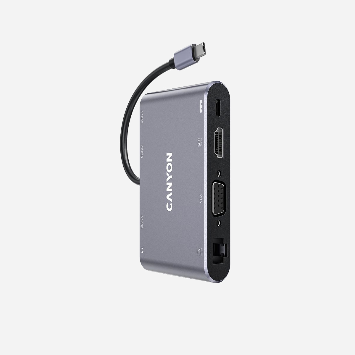 Canyon CNS-TDS14 : Hub USB-C 3.2 Gen 1, Power Delivery 100W, HDMI 4K 60Hz, VGA, RJ45, 3x USB-A 3.2 Gen 1, Gris, Aluminium - Canyon DS-14. Interface de l'hôte: USB 3.2 Gen 1 (3.1 Gen 1) Type-C, Délivrance de la puissance USB jusqu’à: 100 W. LAN Ethernet : taux de transfert des données: 10,100,1000 Mbit/s. Couleur du produit: Gris, Type HD: 4K Ultra HD, Taux de d'actualisation maximal: 60 Hz. Type d'alimentation d'énergie: USB. Largeur: 17,6 mm, Profondeur: 95 mm, Hauteur: 55 mm